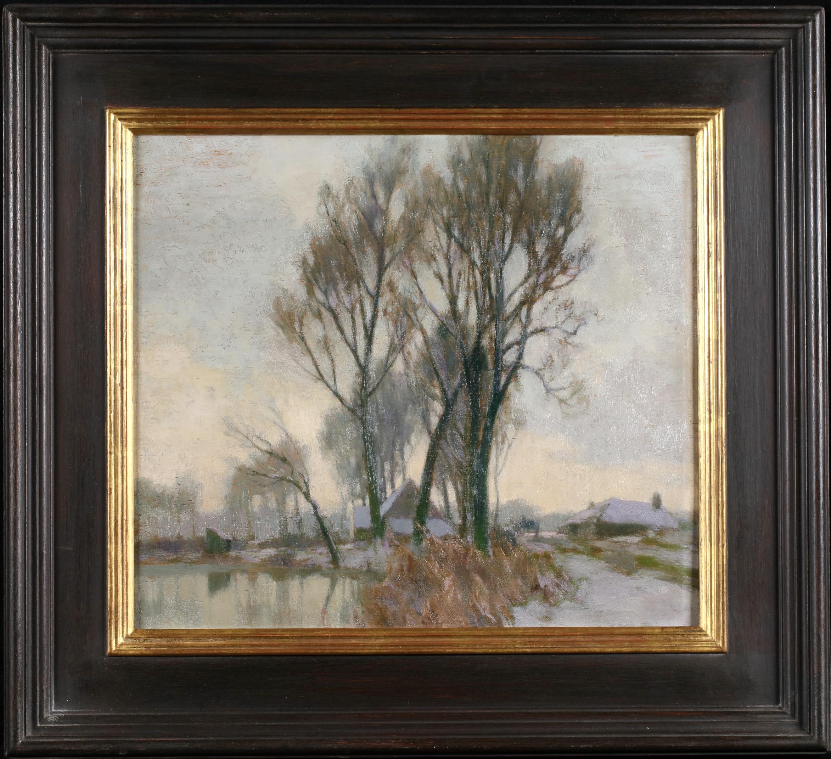 Alexandre Louis Jacob Figurative Painting - Petite neige pres d'Amiens - Impressionist Riverscape Oil by Alexandre Jacob