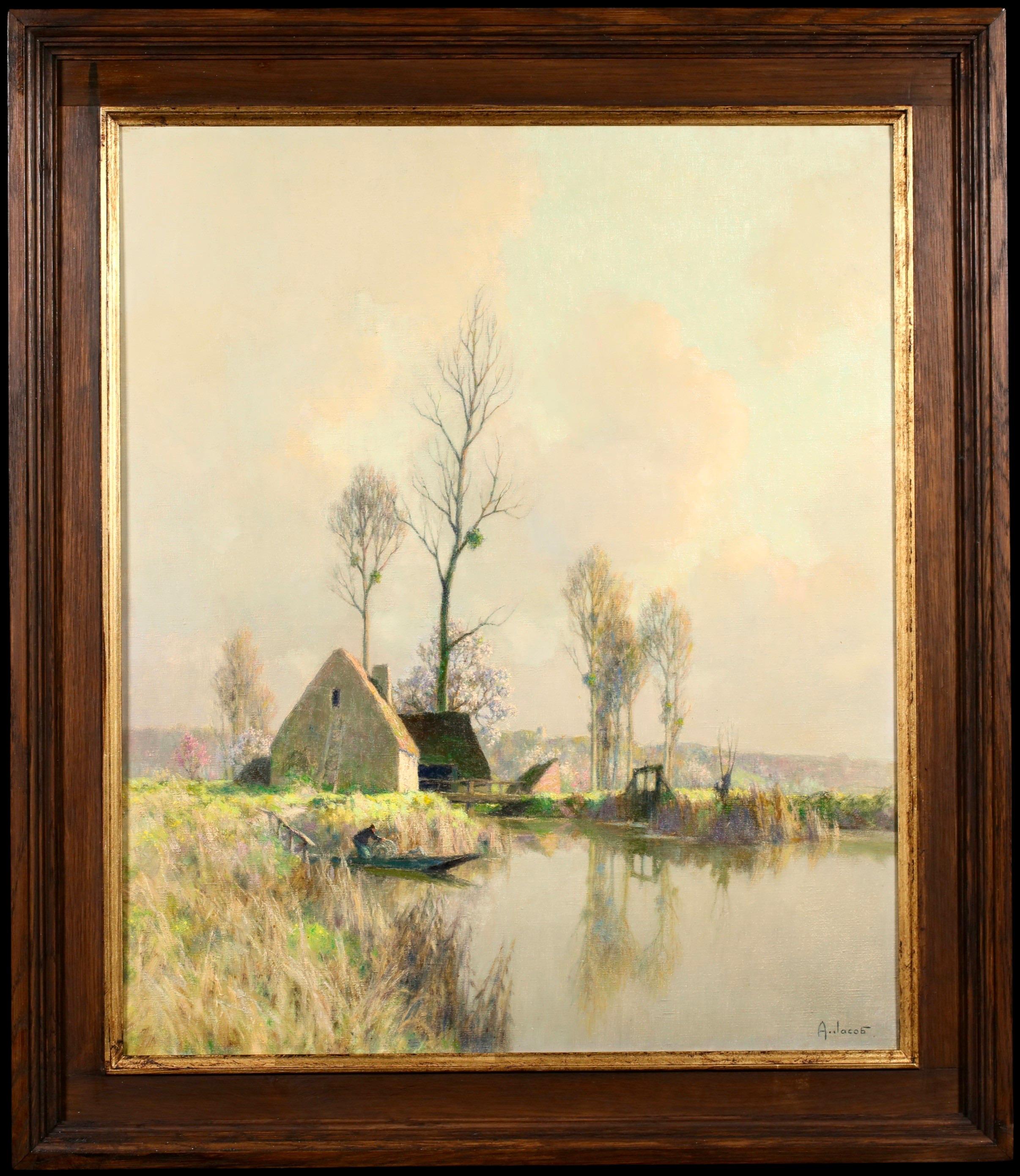 Primavera al Vieux Moulin - Paesaggio fluviale impressionista a olio di Alexandre Jacob