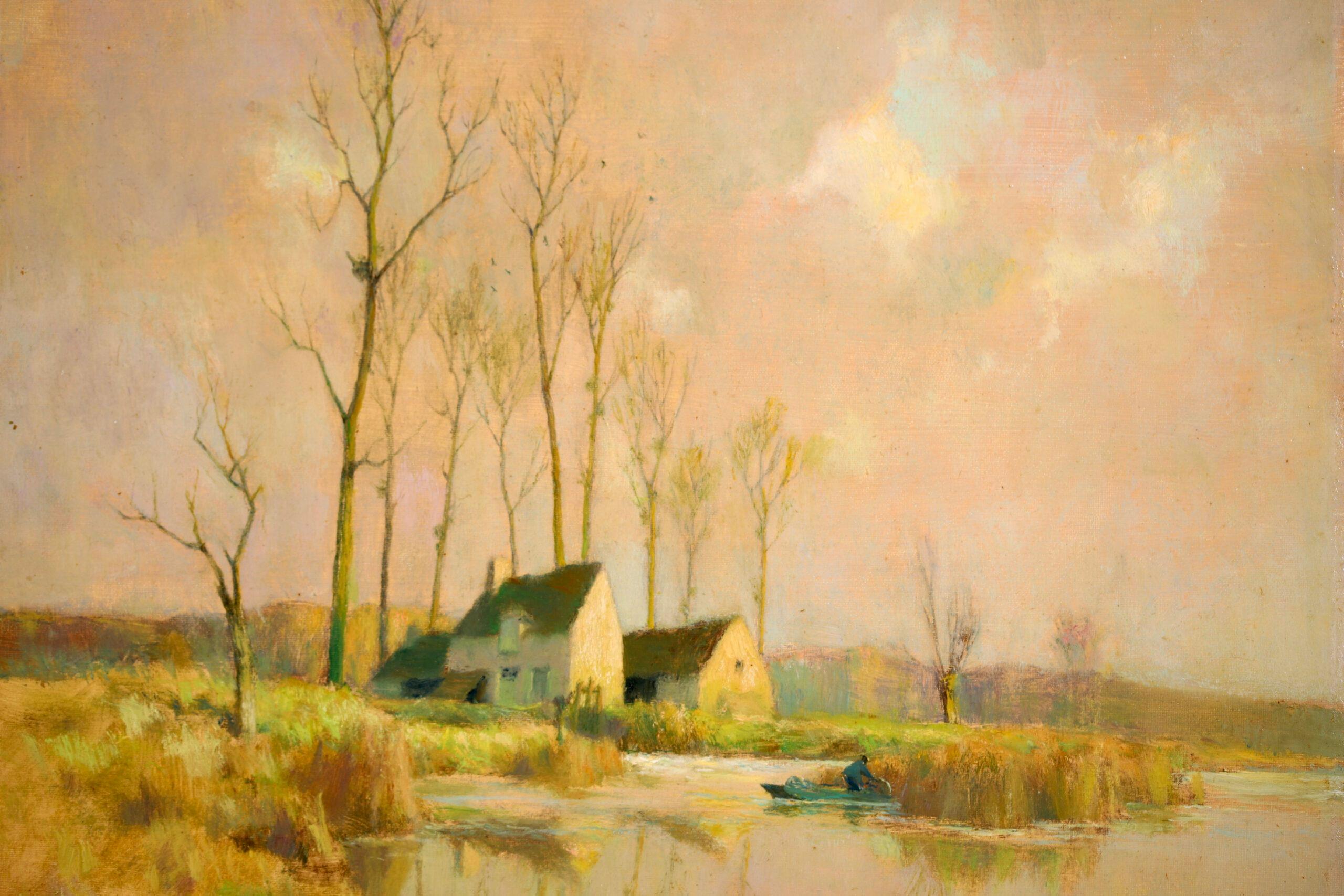 Signed oil on board landscape circa 1950 by popular French impressionist painter Alexandre Louis Jacob. The piece depicts a view of a marsh water mill. The yellow glow of the low November sun illuminates the buildings and the grass banks and the