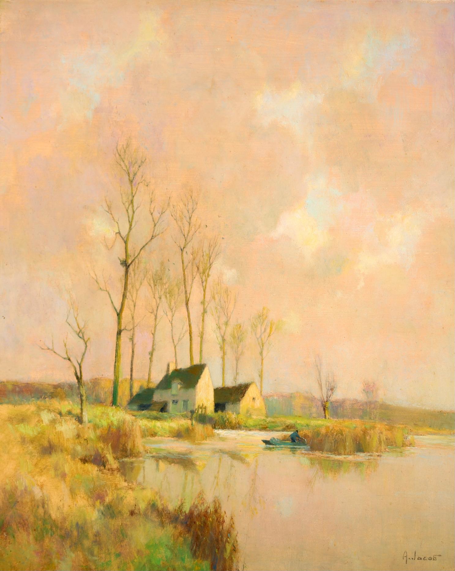 Alexandre Louis Jacob Landscape Painting – Soleil de Novembre – Impressionistische Flusslandschaft, Öl von Alexandre Jacob
