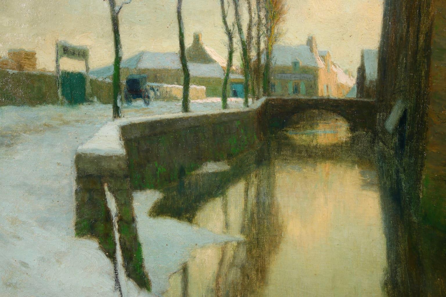 Winter Sunset - Impressionist Oil, River in Snowy Landscape by Alexandre Jacob 3