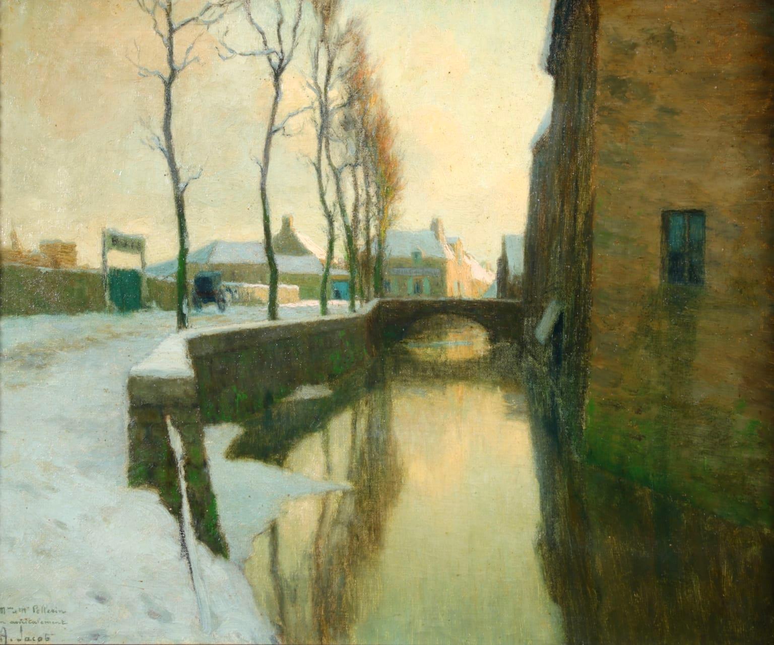Winter Sunset - Impressionist Oil, River in Snowy Landscape by Alexandre Jacob - Painting by Alexandre Louis Jacob