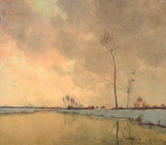 Wintersonnenuntergang - Impressionistisches Öl:: Fluss in verschneiter Landschaft von Alexandre Jacob