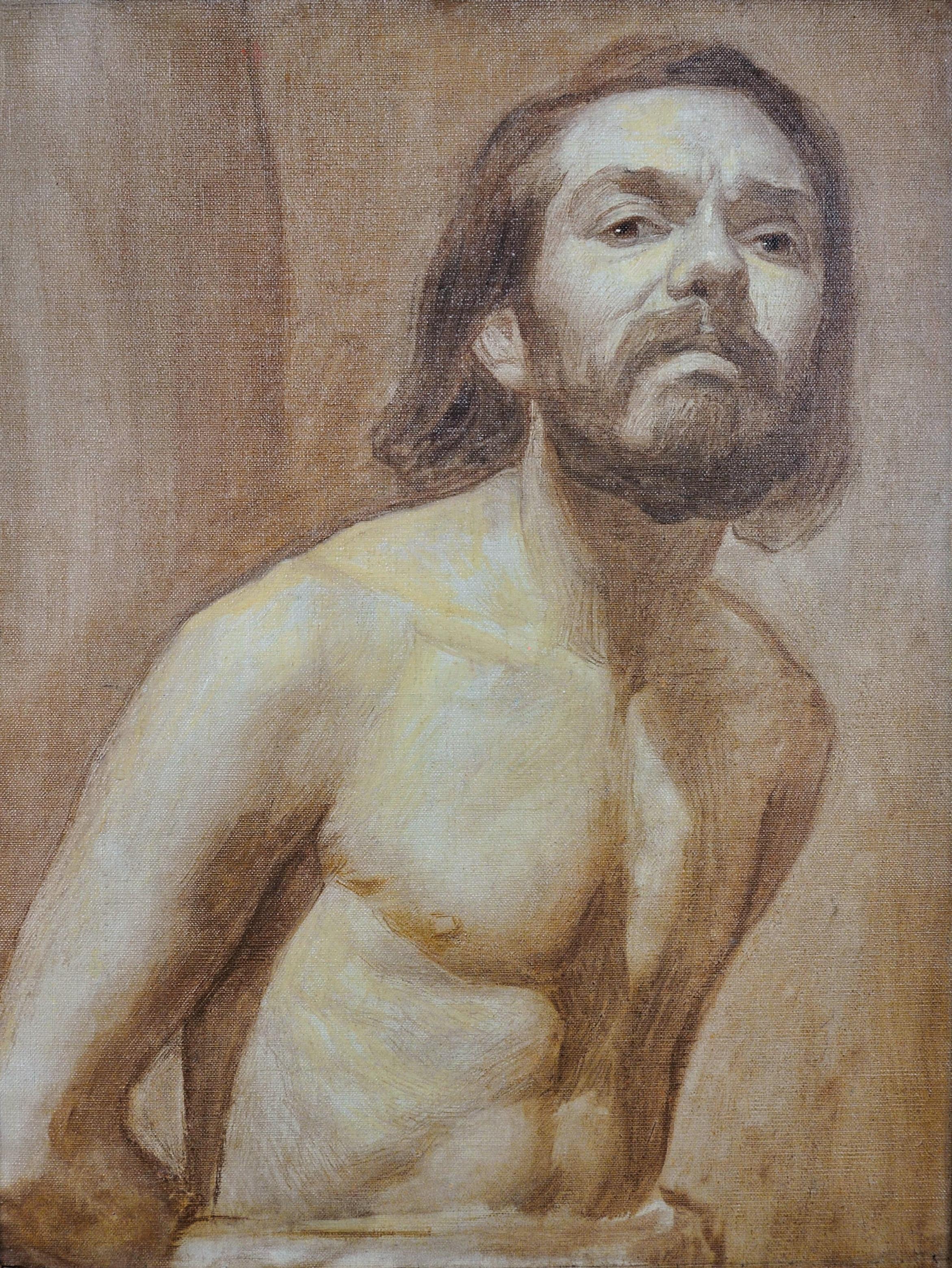 Framed En Grisaille Self Portrait Three-Quarter Nude Torso Heroic Pose Ca 1925 - Painting by Alexandre-Louis Martin