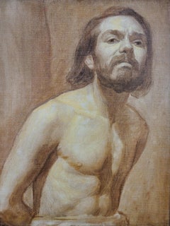 Framed En Grisaille Self Portrait Three-Quarter Nude Torso Heroic Pose Ca 1925