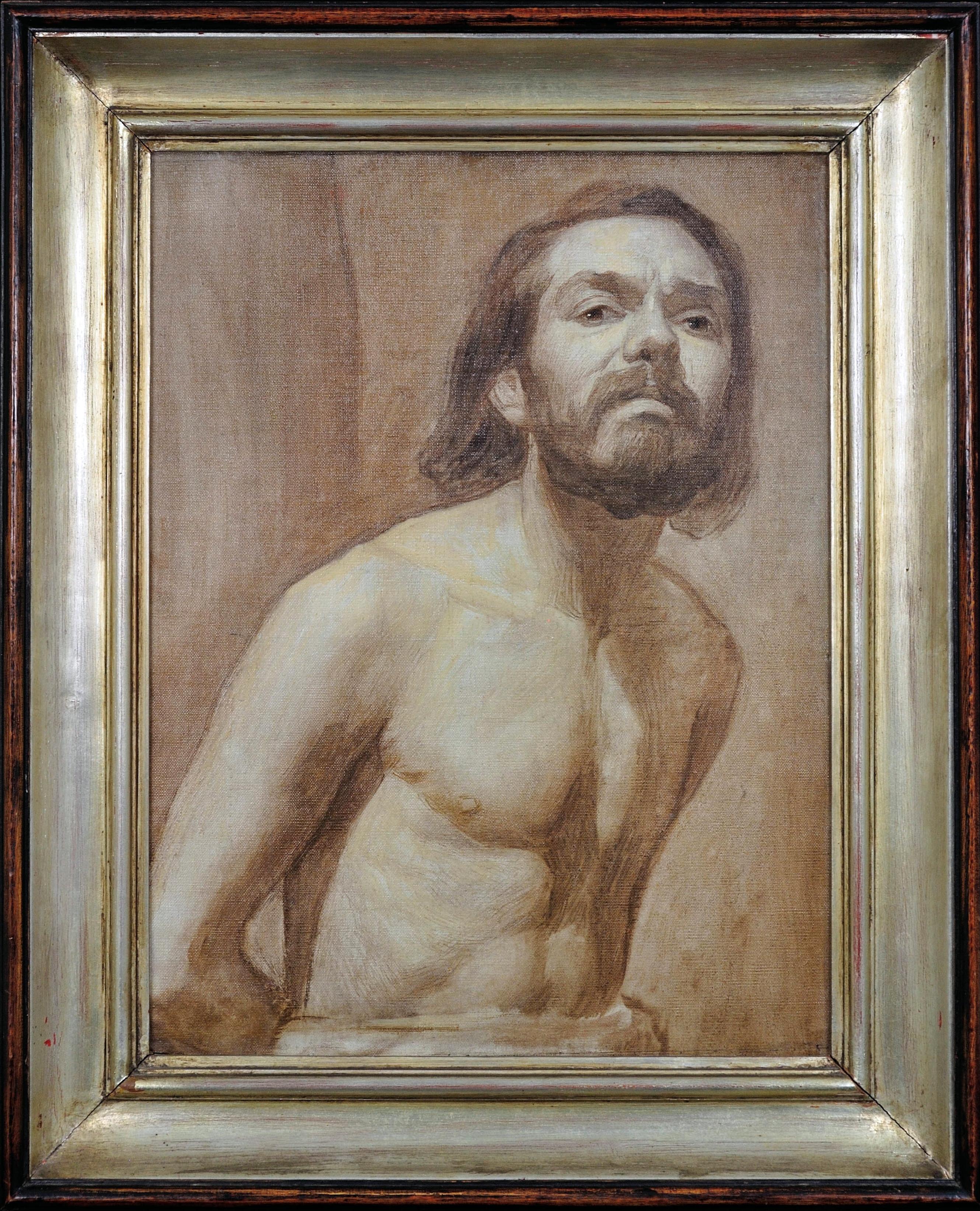Alexandre-Louis Martin Nude Painting - Framed En Grisaille Self Portrait Three-Quarter Nude Torso Heroic Pose Ca 1925