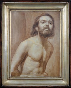Antique Framed En Grisaille Self Portrait Three-Quarter Nude Torso Heroic Pose Ca 1925