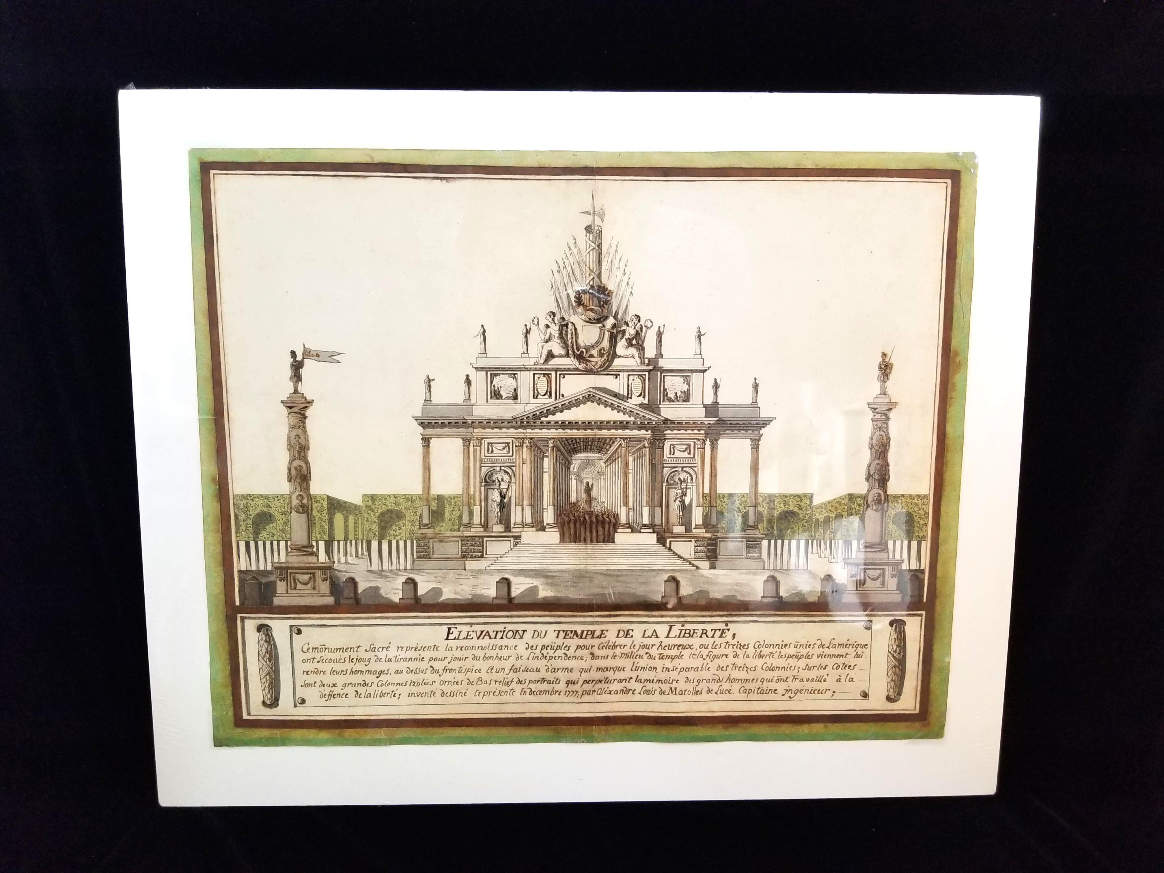 This is a wonderful piece of history. This is an architectural rendering done by Alexandre Louis Chevalier de Marolles de Lucé (Knight of Marolles de Luce) for the proposed “Heroes of the Revolution” monument in 1777. Alexandre Louis, who was