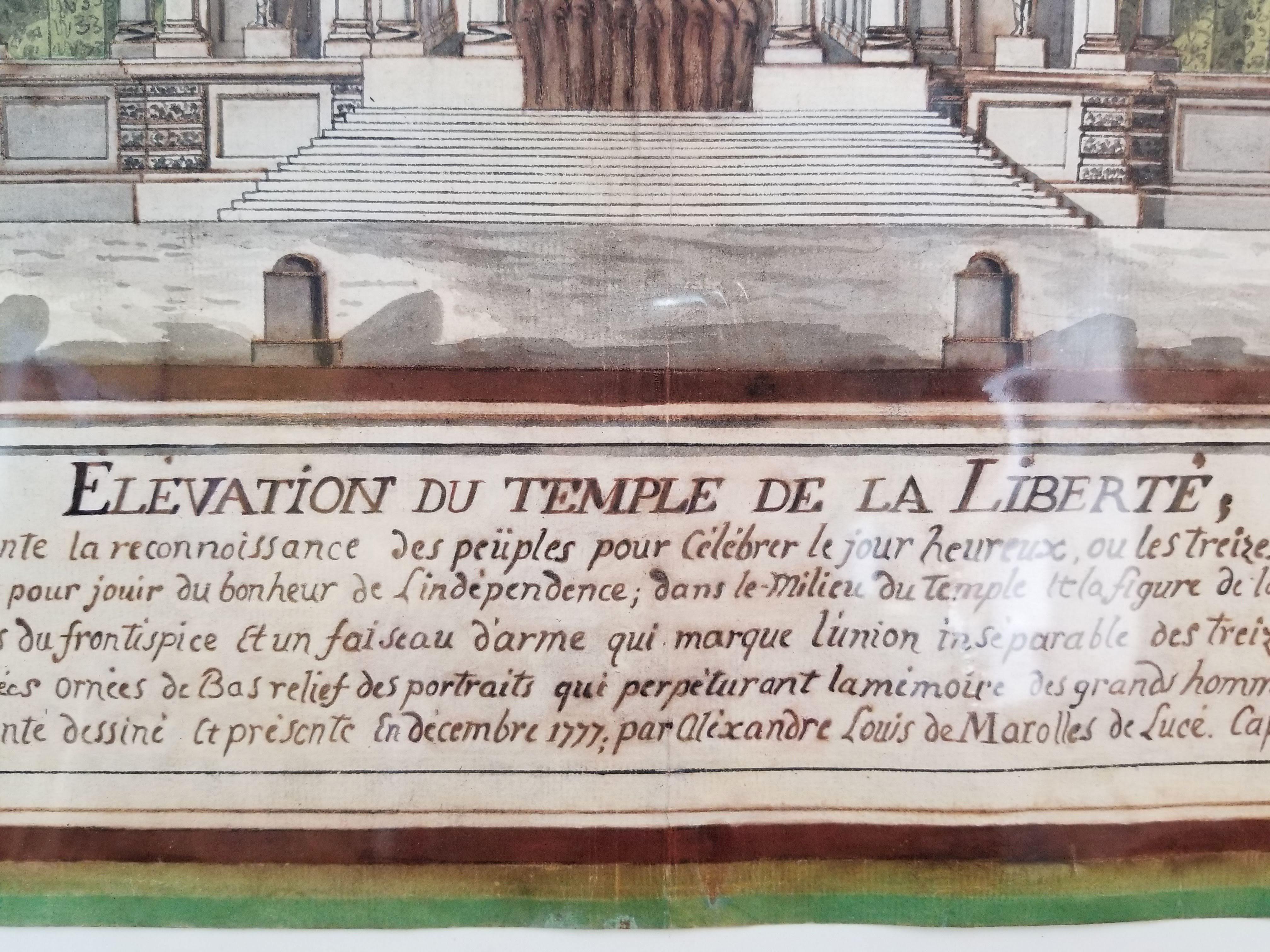 Painted Alexandre Louis Rendering of Monument Presented to Benjamin Franklin in 1777 For Sale