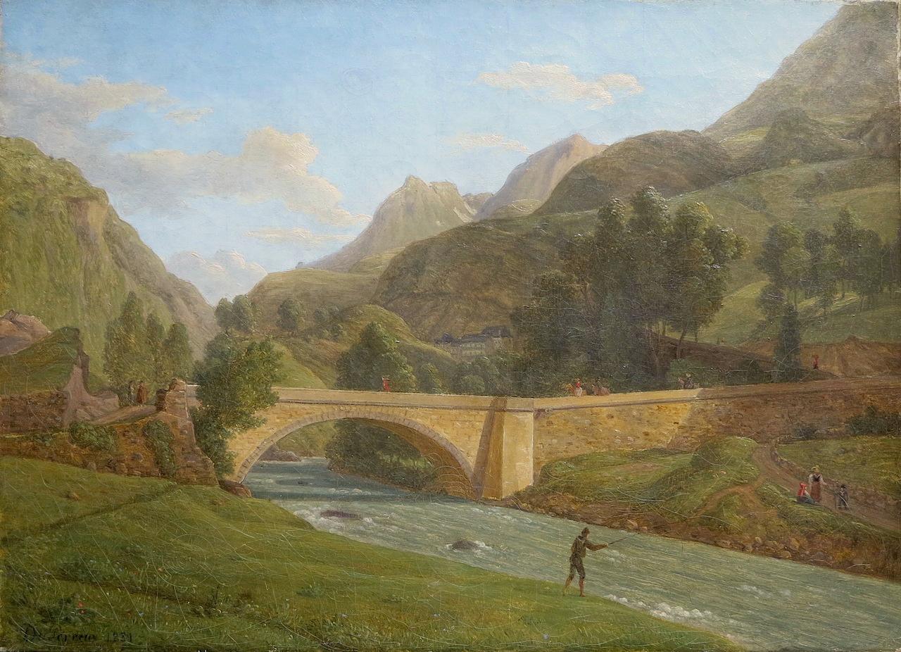Vista del puente de Saint Sauveur-les-Bains, Pirineos, Francia - Painting de Alexandre Louis Robert MILLIN du PERREUX 