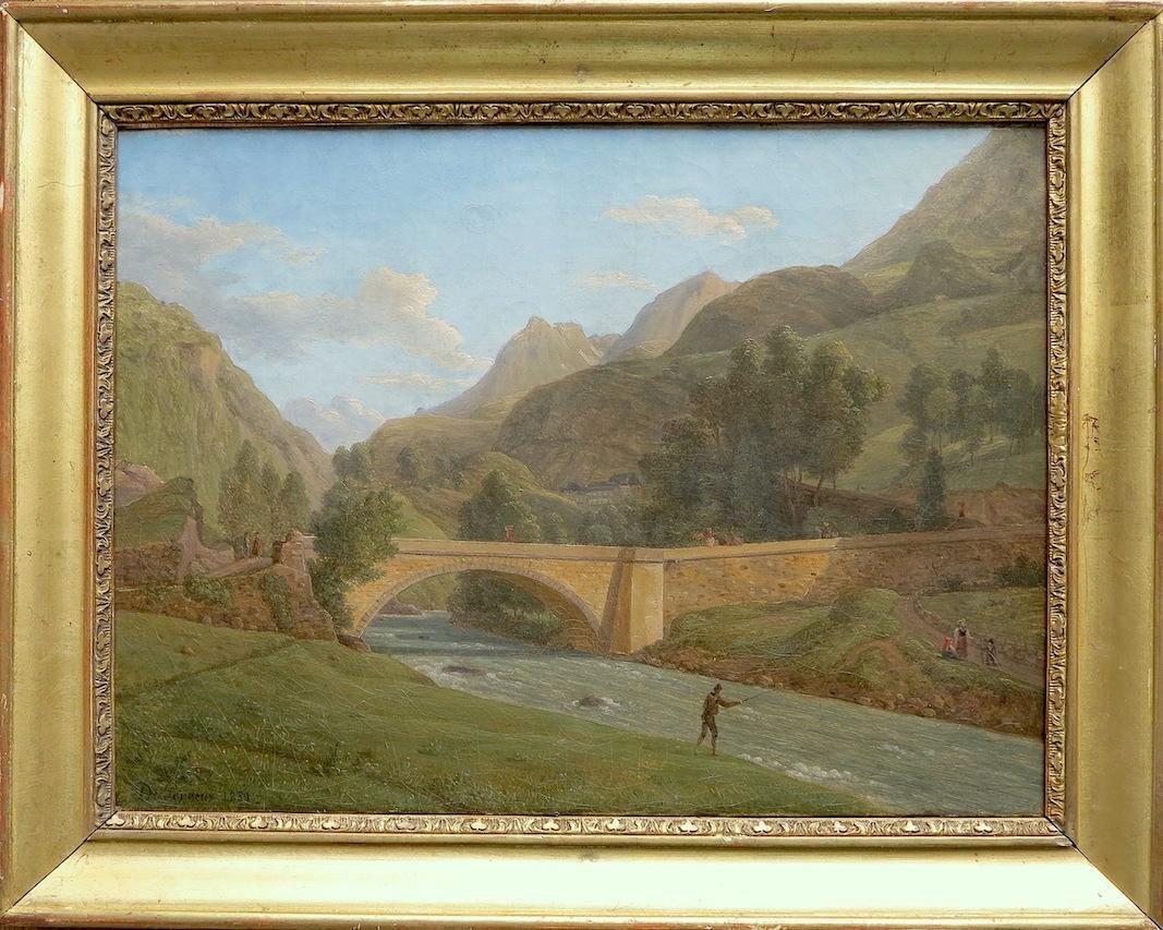 Landscape Painting de Alexandre Louis Robert MILLIN du PERREUX  - Vista del puente de Saint Sauveur-les-Bains, Pirineos, Francia