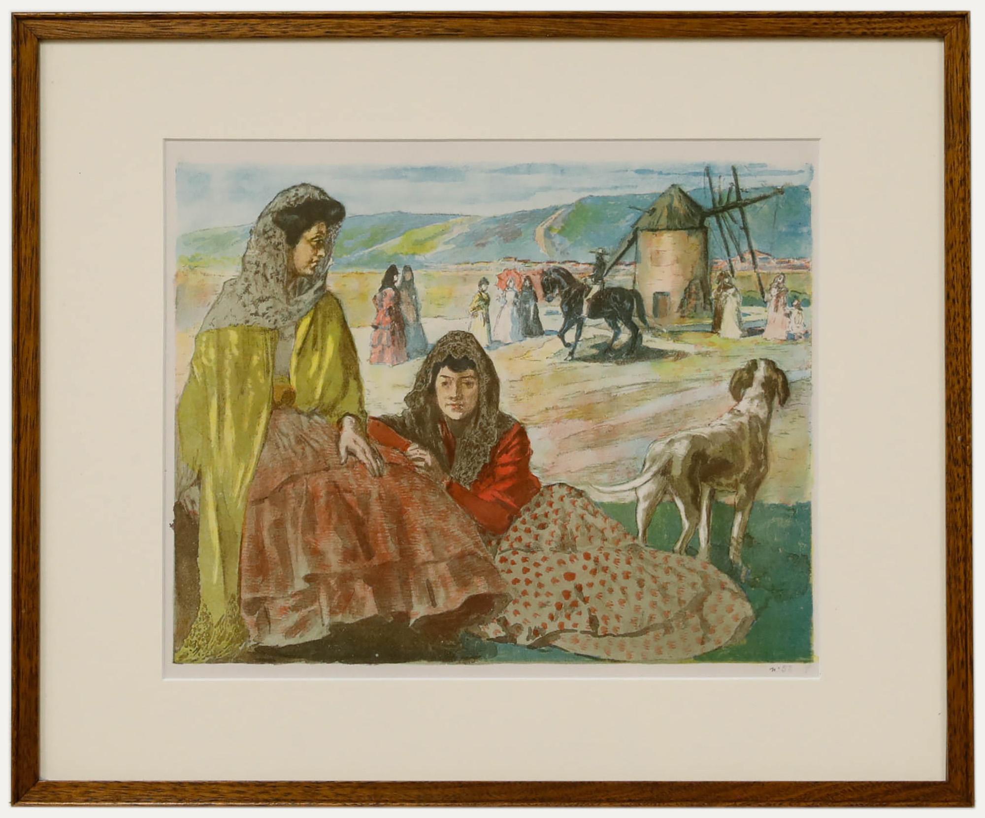 After Alexandre Lunois's 1897 painting A Utrera depicting two women and a dog sitting before a rural working landscape. Numbered 52/100 to the lower right. Presented in a wooden frame. On paper.