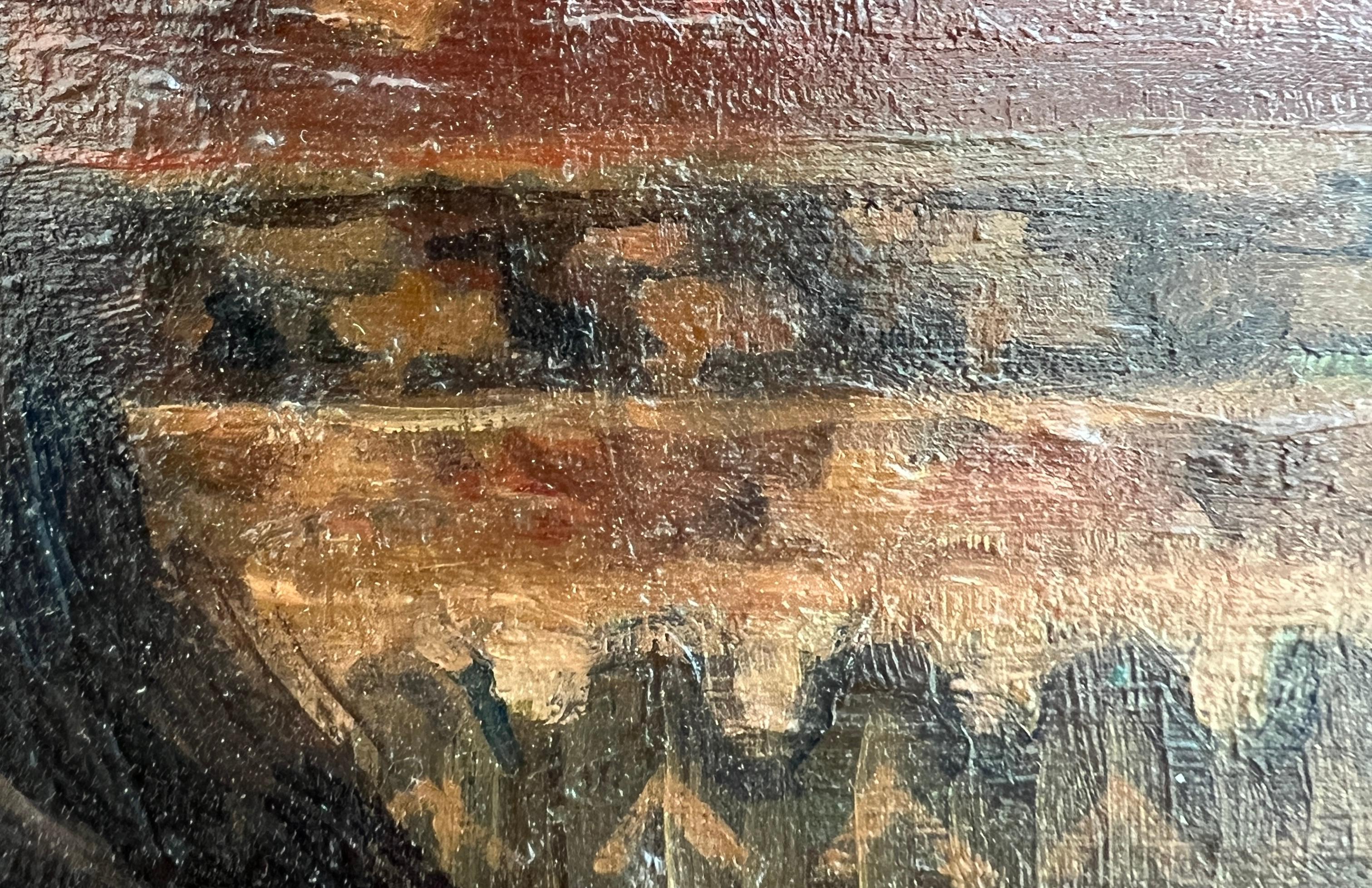 Arbeiten auf Karton
Geformter Rahmen aus Gips 
44 x 52 x 3 cm

Dieses fesselnde Werk zeigt ein Ölporträt einer Frau, das einen klassischen und zeitlosen Stil verkörpert. Der subtil strukturierte Hintergrund zeichnet sich durch tiefe Braun- und