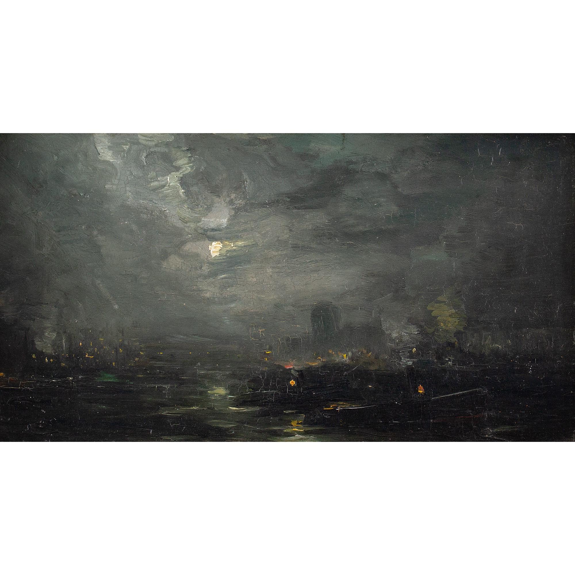 This late 19th-century oil painting by Belgian artist Alexandre Marcette (1853-1929) depicts a coastal view in Dordrecht, Netherlands.

Through a smoky haze of dense clouds, the moon shimmers. Tugboats, moored at windswept Dordrecht, bob amid near