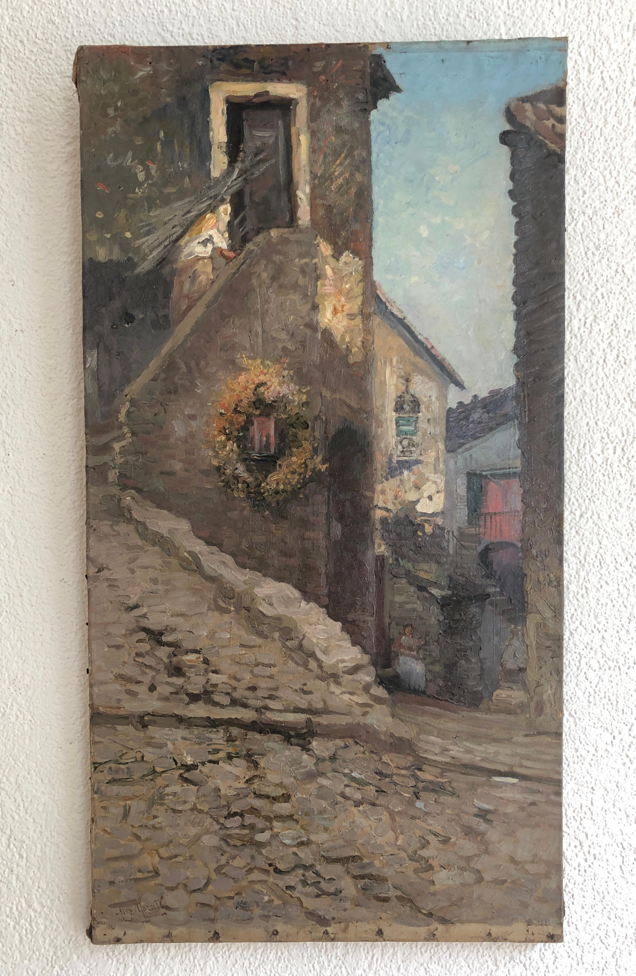 Festa di paese con raccoglitore di spazzole - Painting di Alexandre Marcette