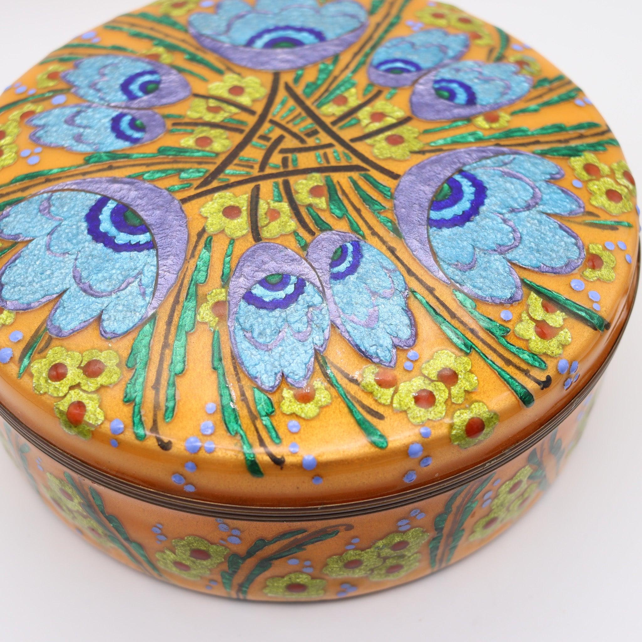 ALEXANDRE MARTY 1940 Caja redonda decorativa de Limoges con esmalte sobre cobre Art Decó en venta