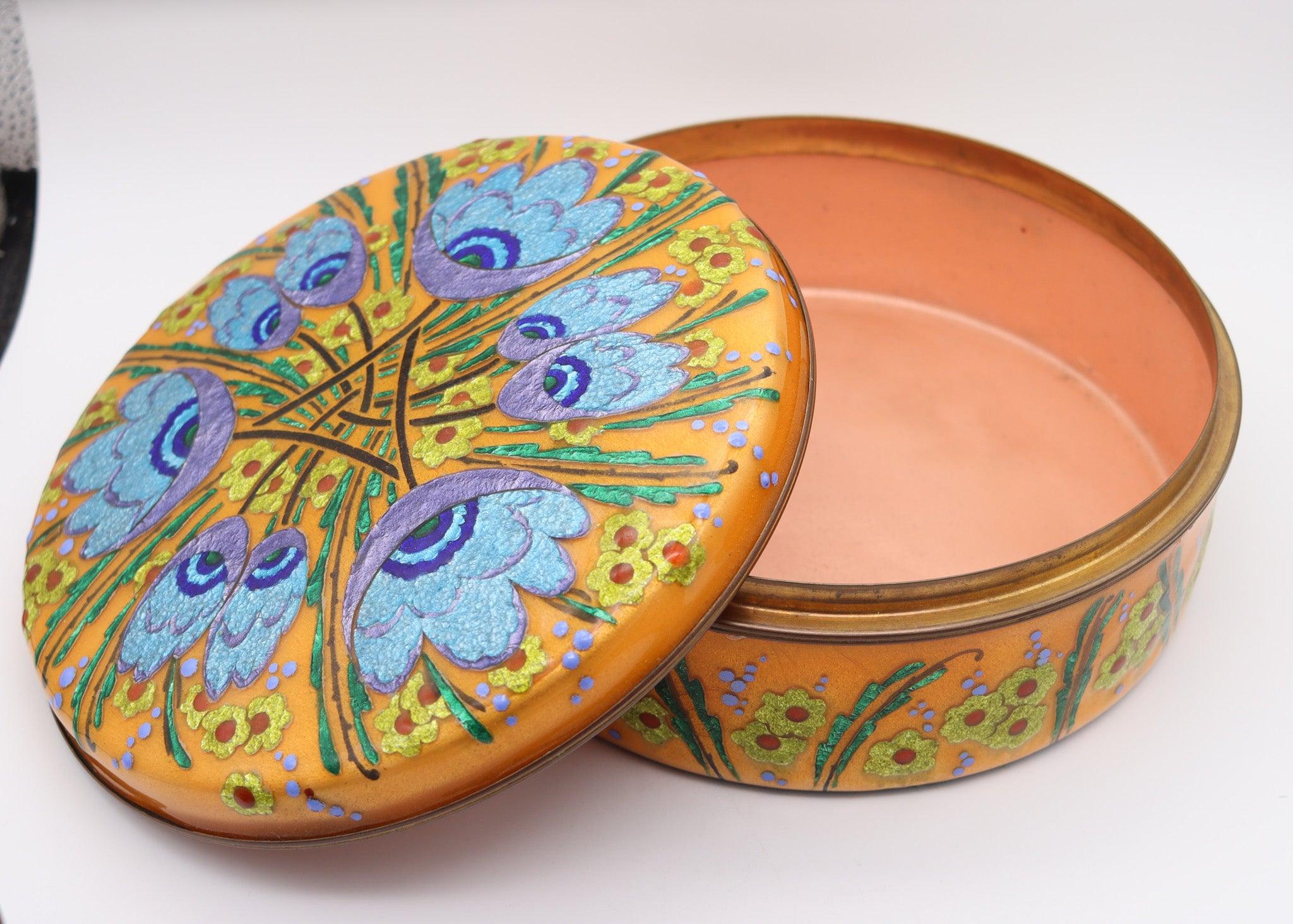 ALEXANDRE MARTY 1940 Caja redonda decorativa de Limoges con esmalte sobre cobre Esmaltado en venta