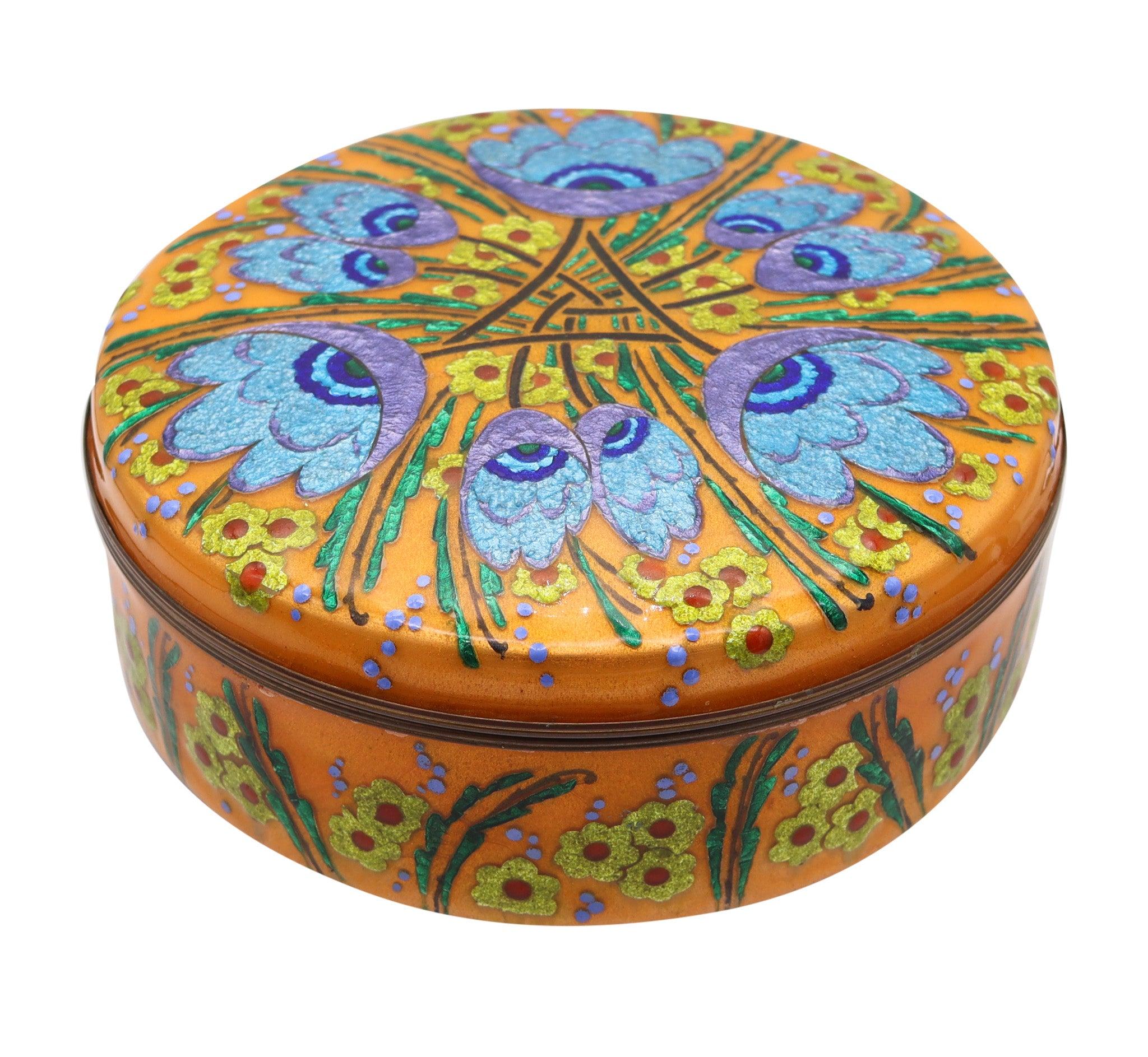 ALEXANDRE MARTY 1940 Caja redonda decorativa de Limoges con esmalte sobre cobre en venta