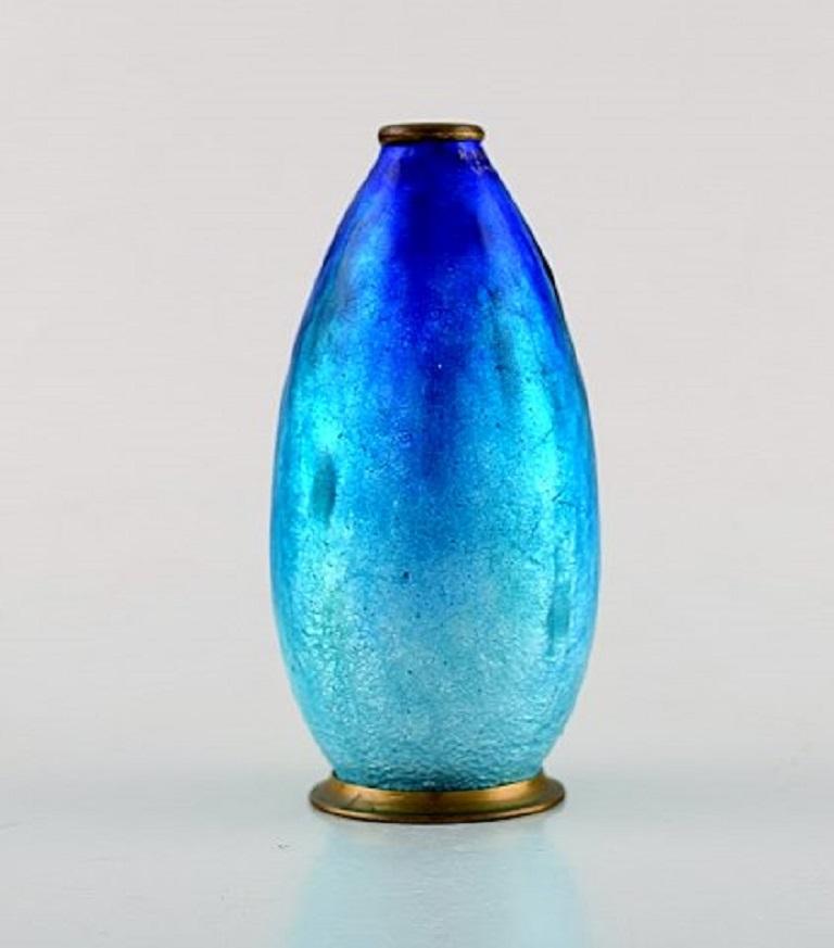 Alexandre Marty for Limoges, France. Art Nouveau bronze vase in beautiful blue enamel work, circa 1910.
An excellent Art Nouveau vase of fantastic quality.
In very good condition.
Measures: 11 x 5.5 cm.