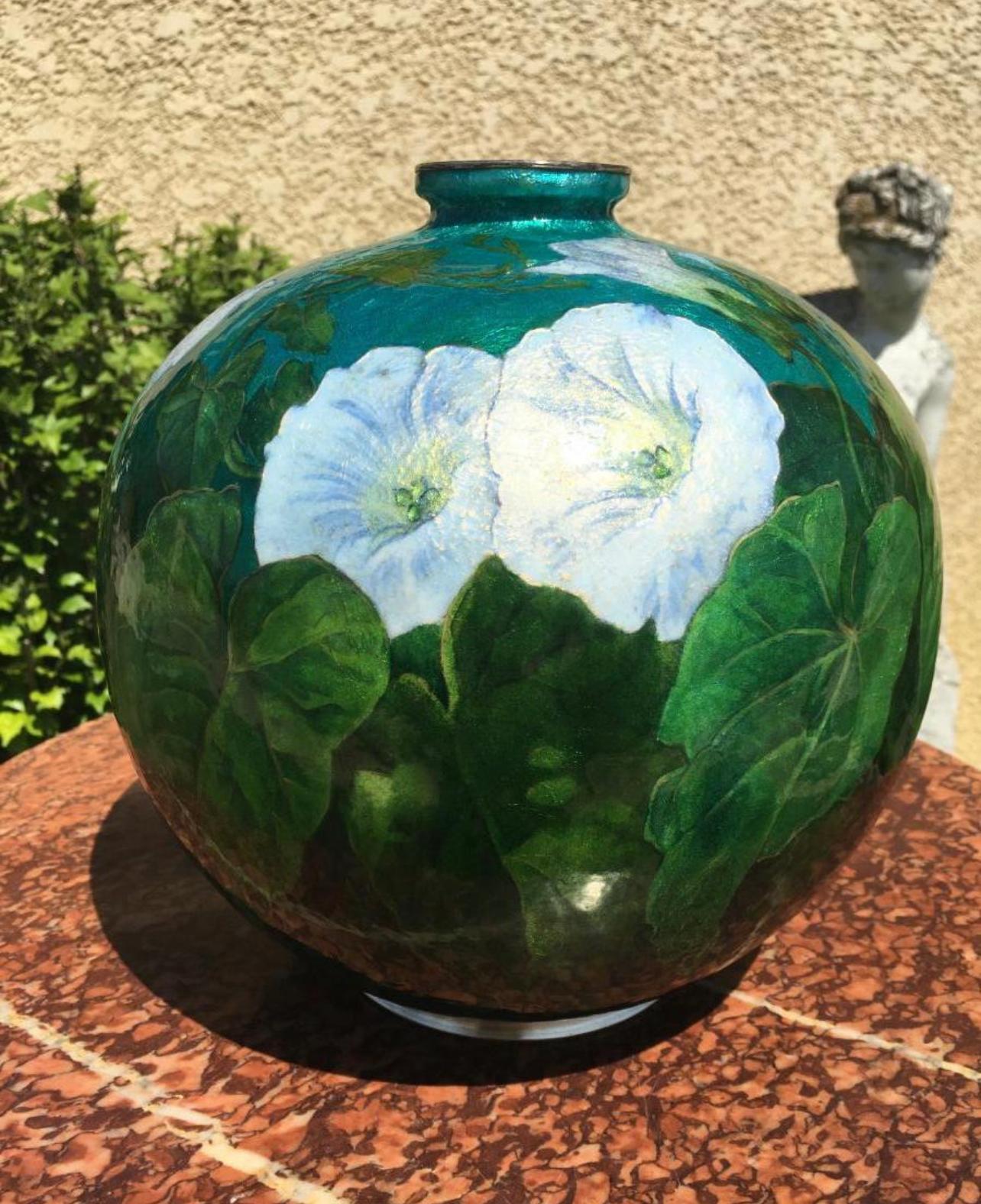 French Alexandre Marty, Limoges, Large Art Deco Vase in Copper and Enamelled, 20th  For Sale