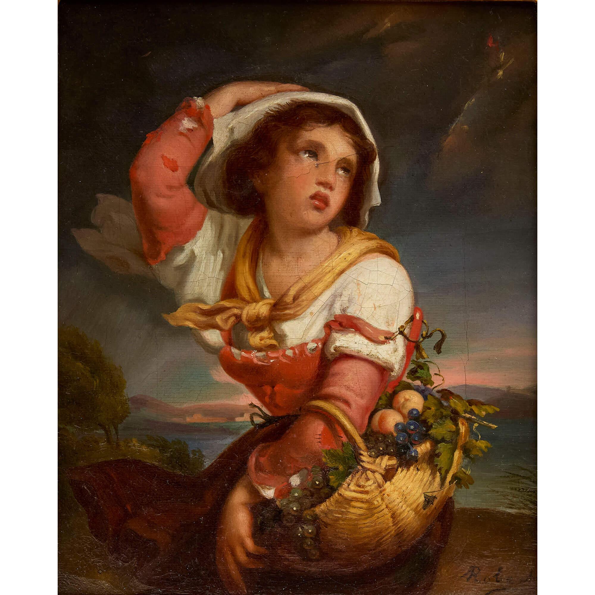Antique Belgian Oil Painting of a Peasant Girl in a Storm by Robert - Brown Figurative Painting by Alexandre Nestor Nicolas Robert