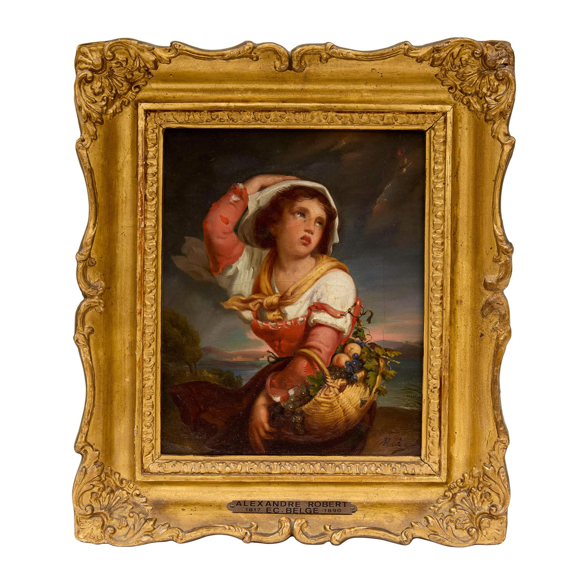 Alexandre Nestor Nicolas Robert Figurative Painting - Antique Belgian Oil Painting of a Peasant Girl in a Storm by Robert