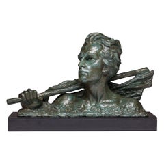 Vintage Alexandre Ouline Head of a Worker Bronze Sculpture on the Marble Base