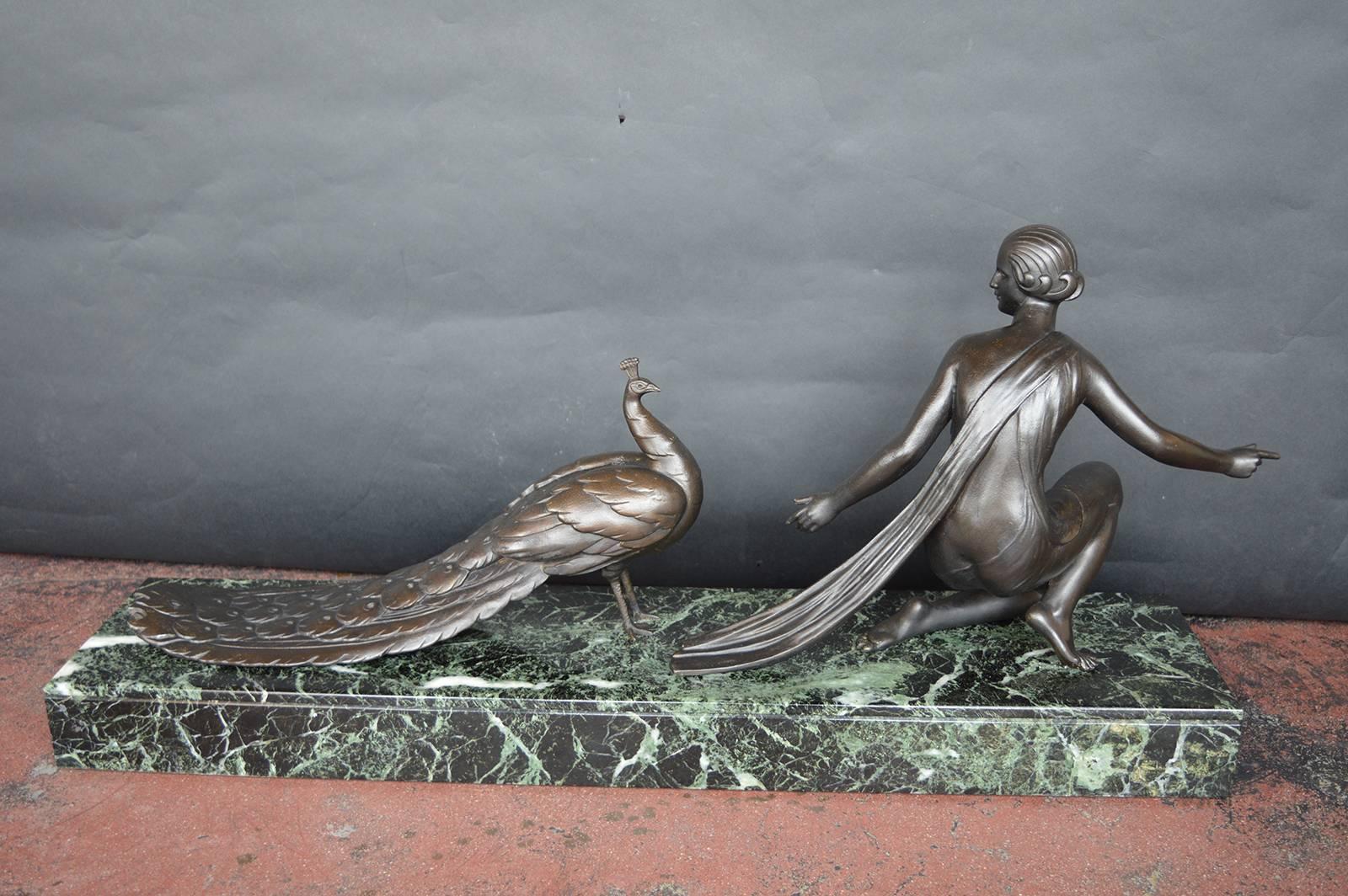 Alexandre Ouline Sculpture of a Woman with a Peacock In Excellent Condition For Sale In Los Angeles, CA