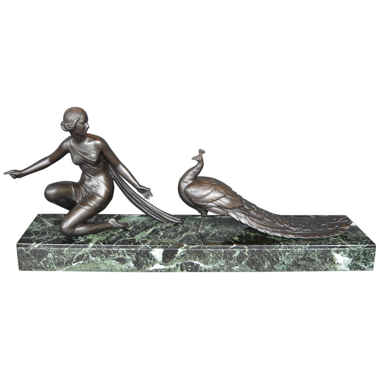 Alexandre Ouline Sculpture of a Woman with a Peacock For Sale
