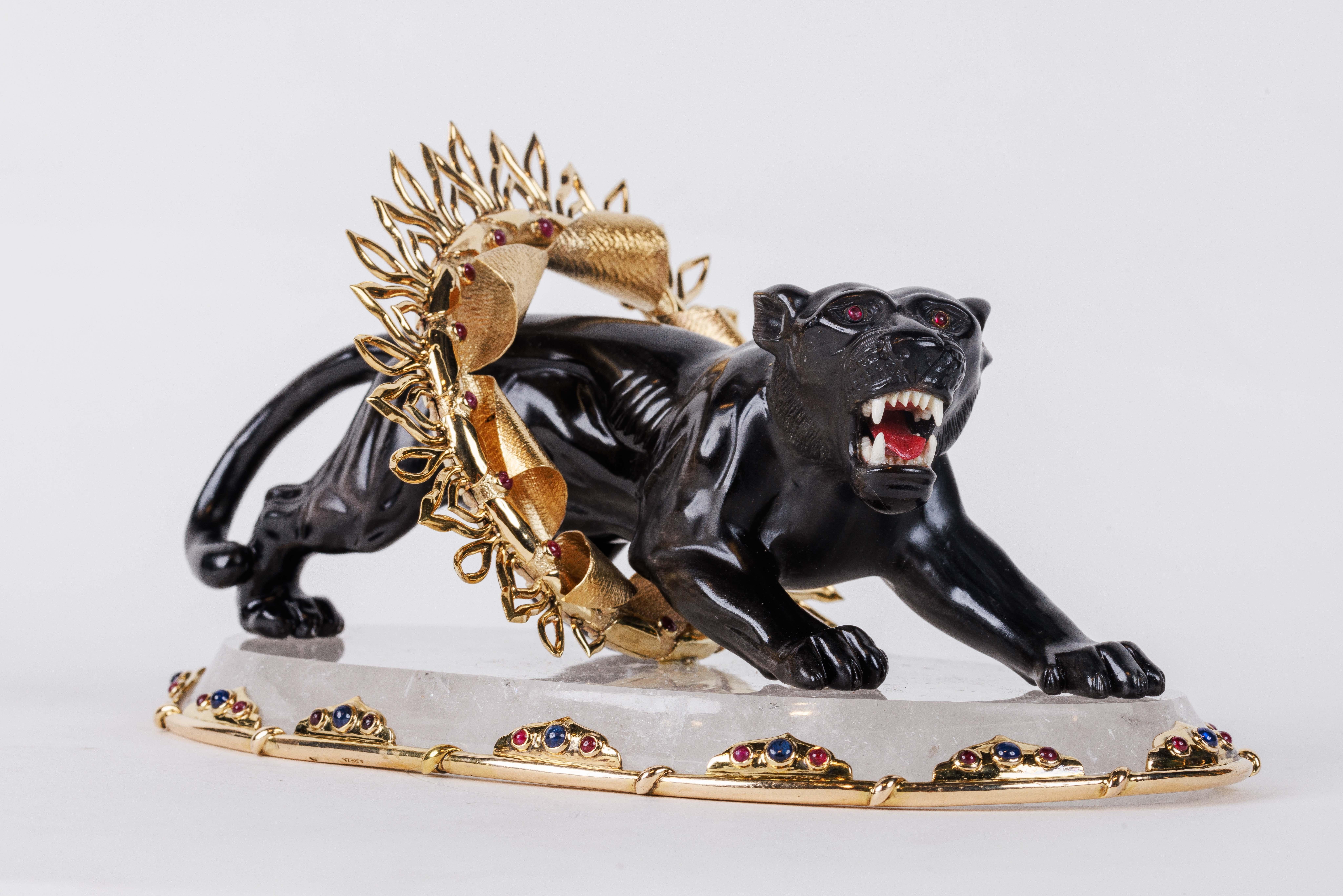 Alexandre Reza, Rare Obsidian, Silver-Gilt, and Rock Crystal Circus Panther For Sale 2