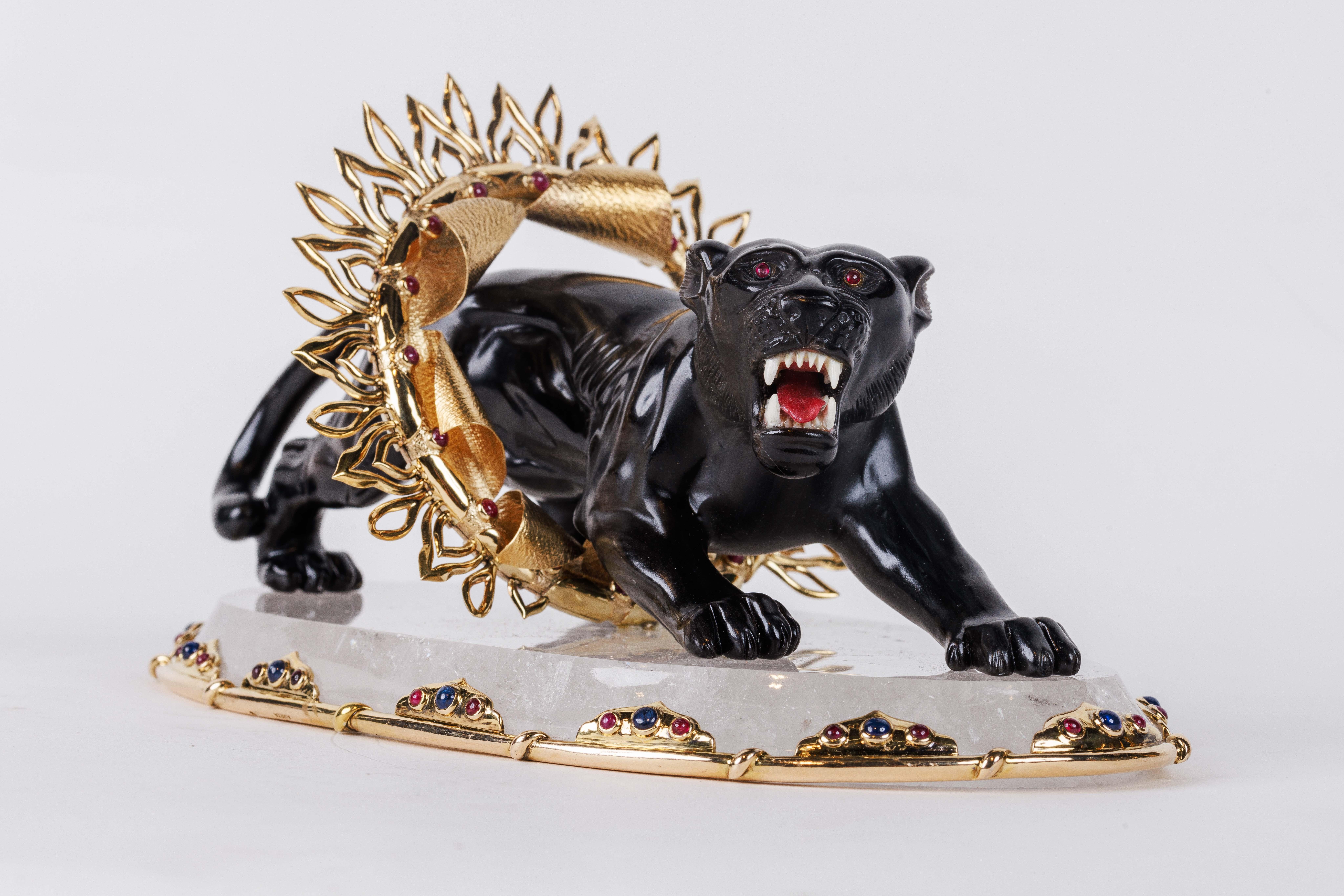 Alexandre Reza, Rare Obsidian, Silver-Gilt, and Rock Crystal Circus Panther For Sale 3