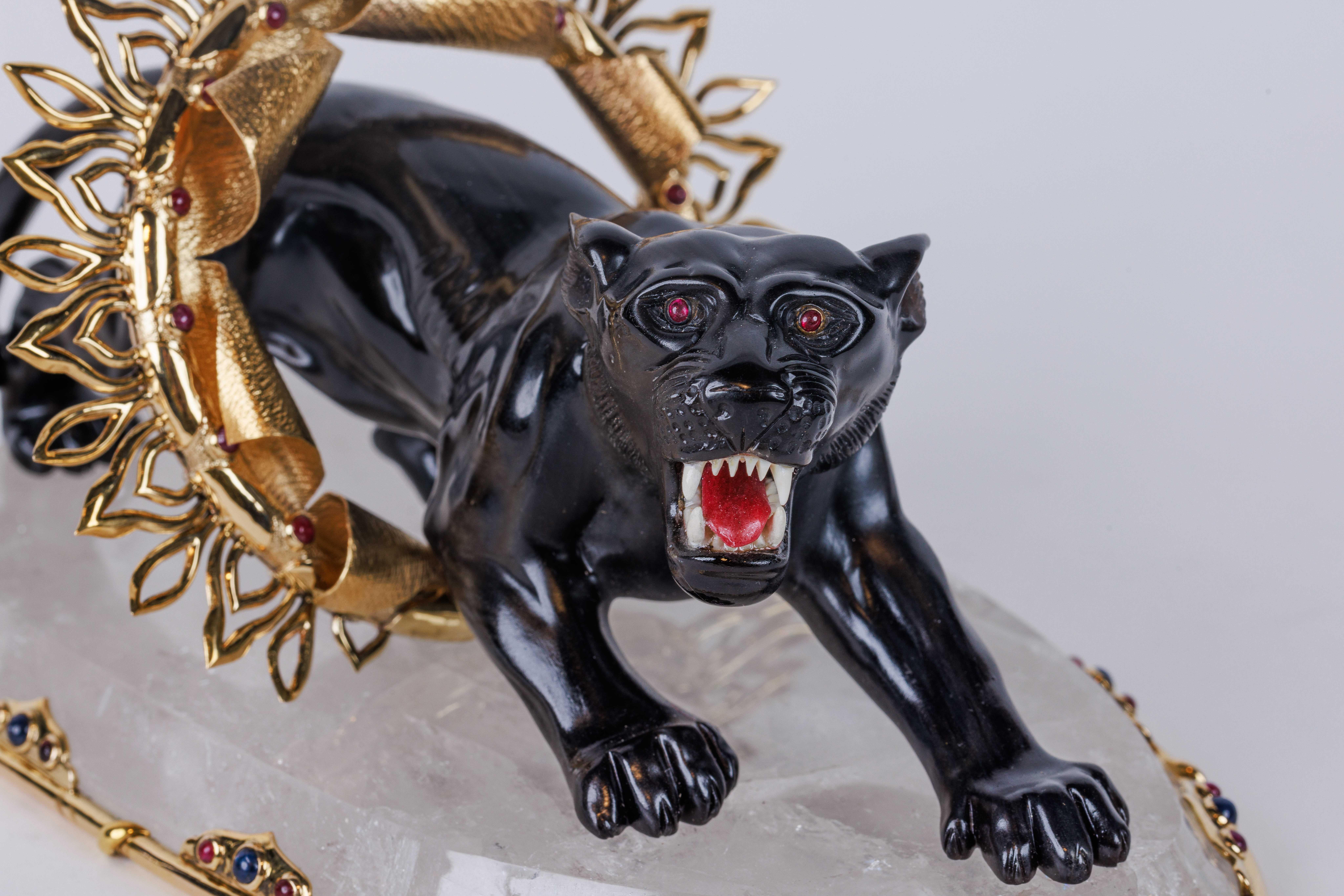 Alexandre Reza, seltener Obsidian, silbervergoldet und Bergkristall- Zirkus-Panther (Art déco) im Angebot