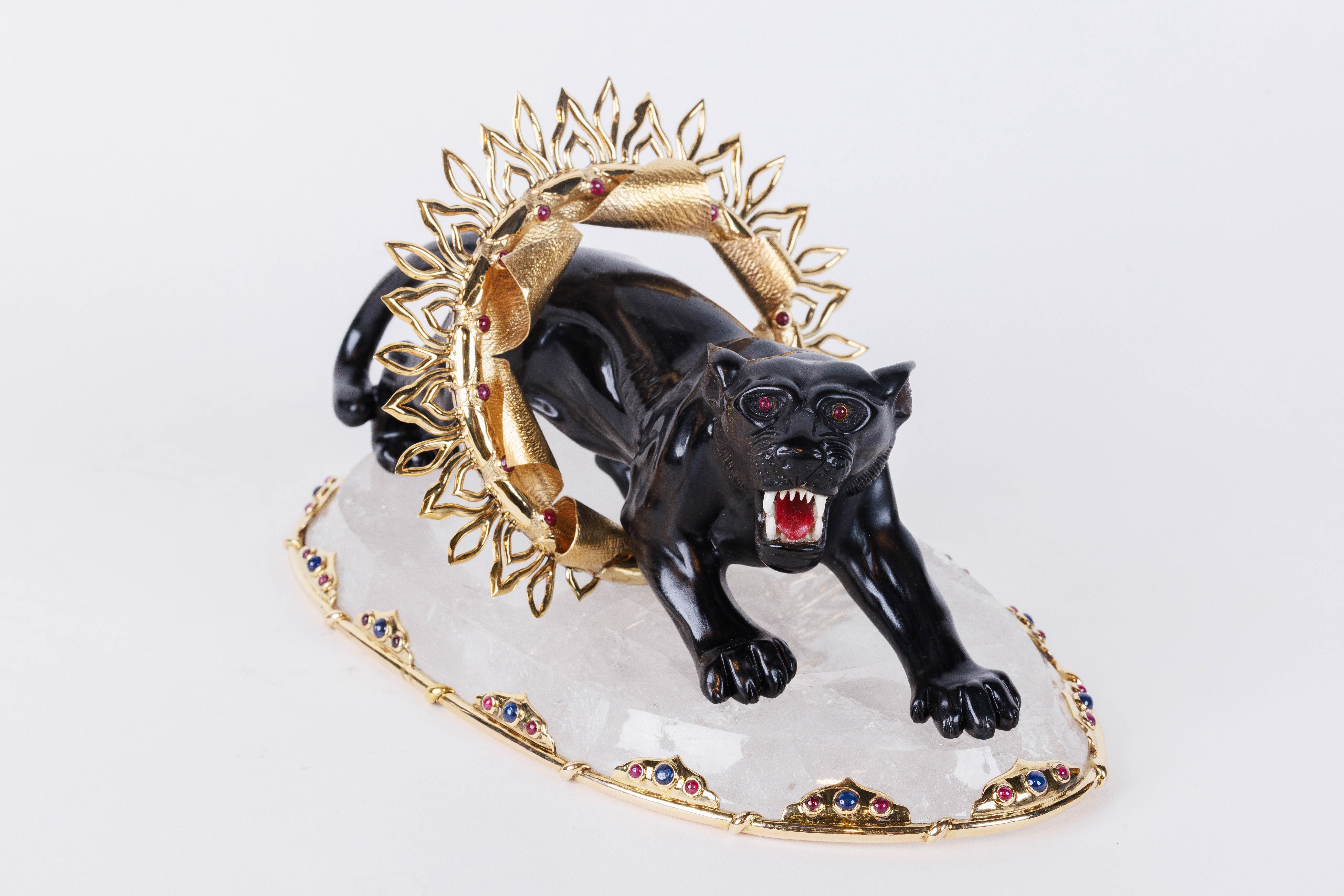 Alexandre Reza, seltener Obsidian, silbervergoldet und Bergkristall- Zirkus-Panther (Einfacher Schliff) im Angebot