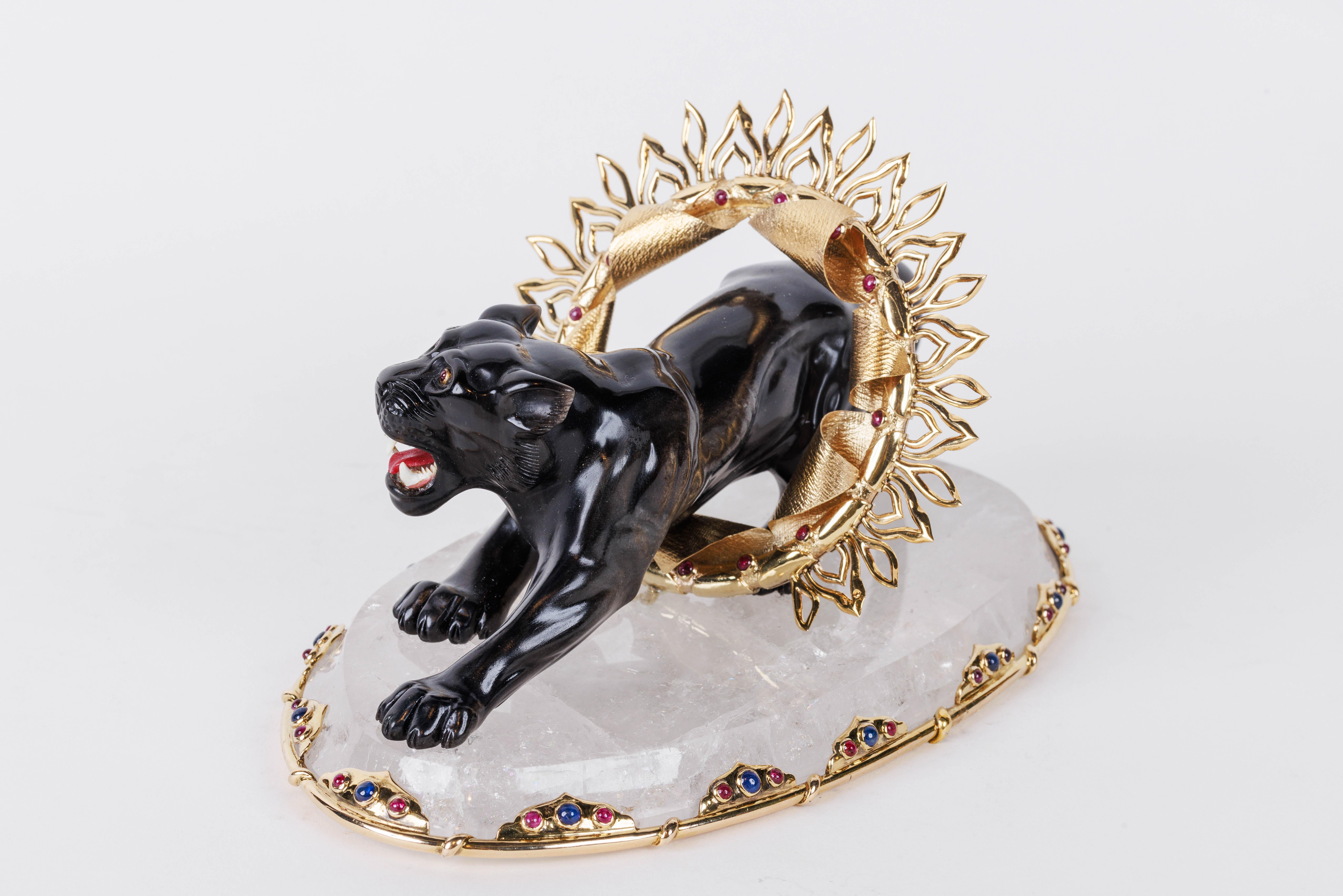 Art déco Alexandre Reza, panthère de cirque en obsidienne rare, argenté et cristal de roche en vente
