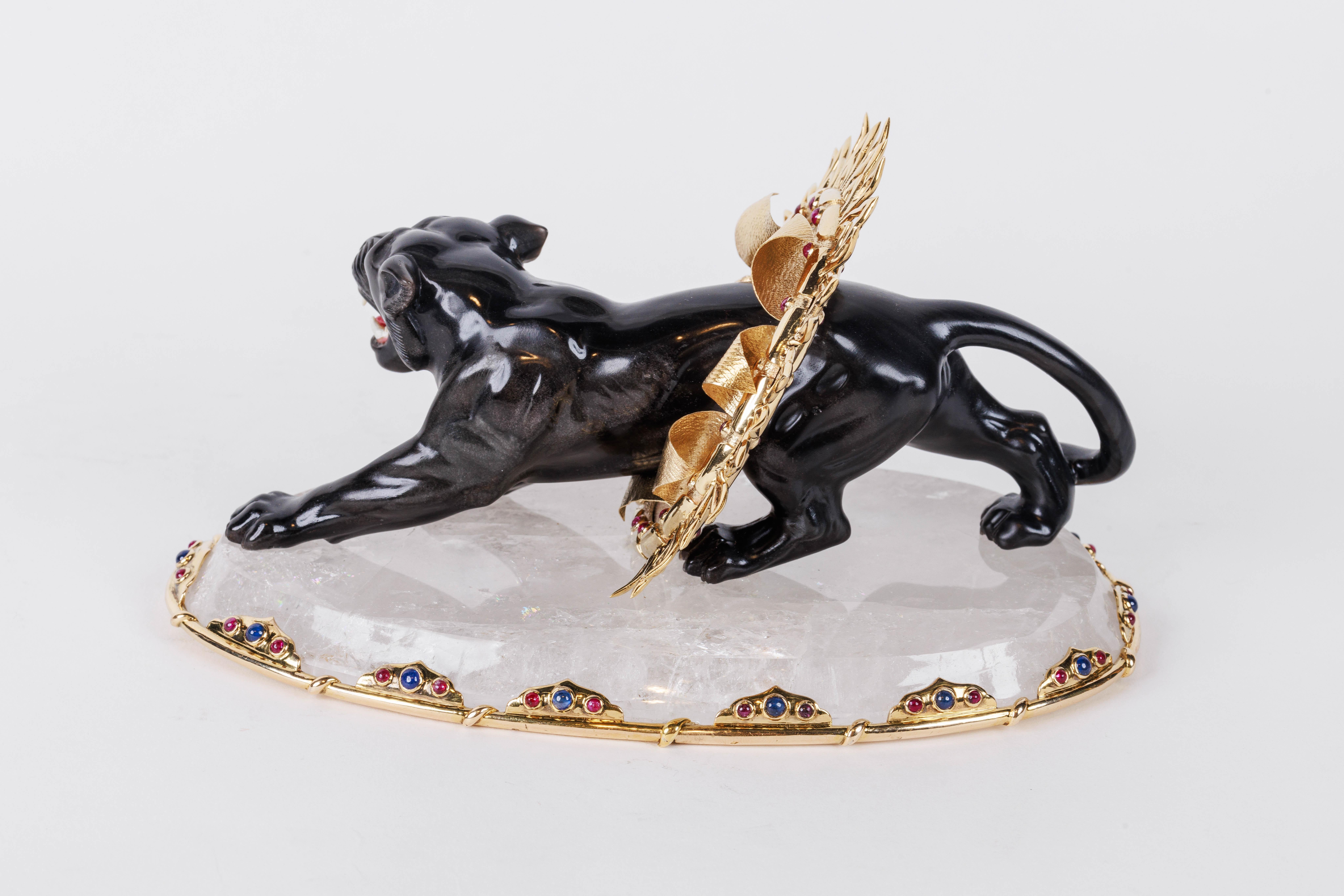 Alexandre Reza, Rare Obsidian, Silver-Gilt, and Rock Crystal Circus Panther In Good Condition For Sale In New York, NY