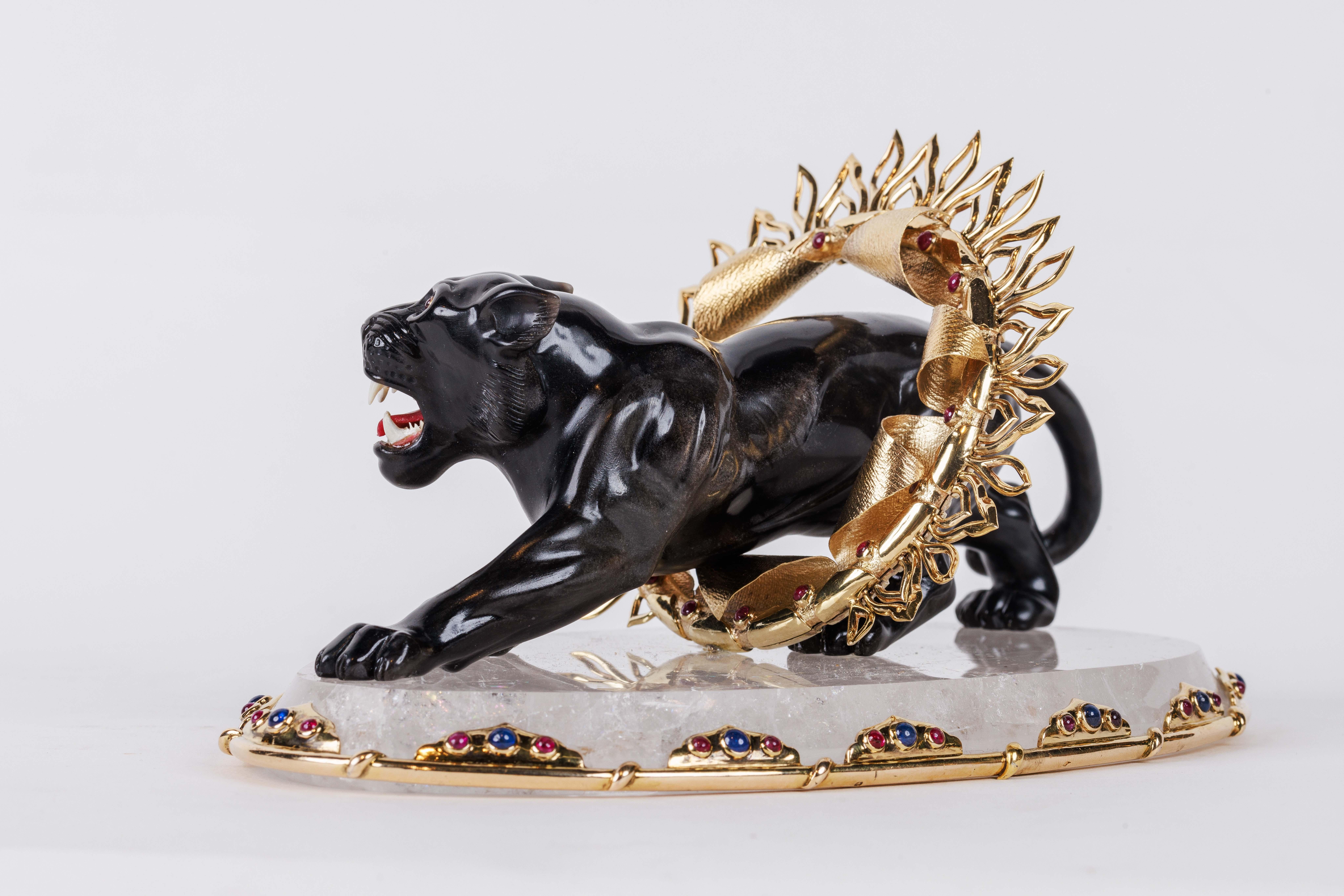 Alexandre Reza, Rare Obsidian, Silver-Gilt, and Rock Crystal Circus Panther For Sale 1