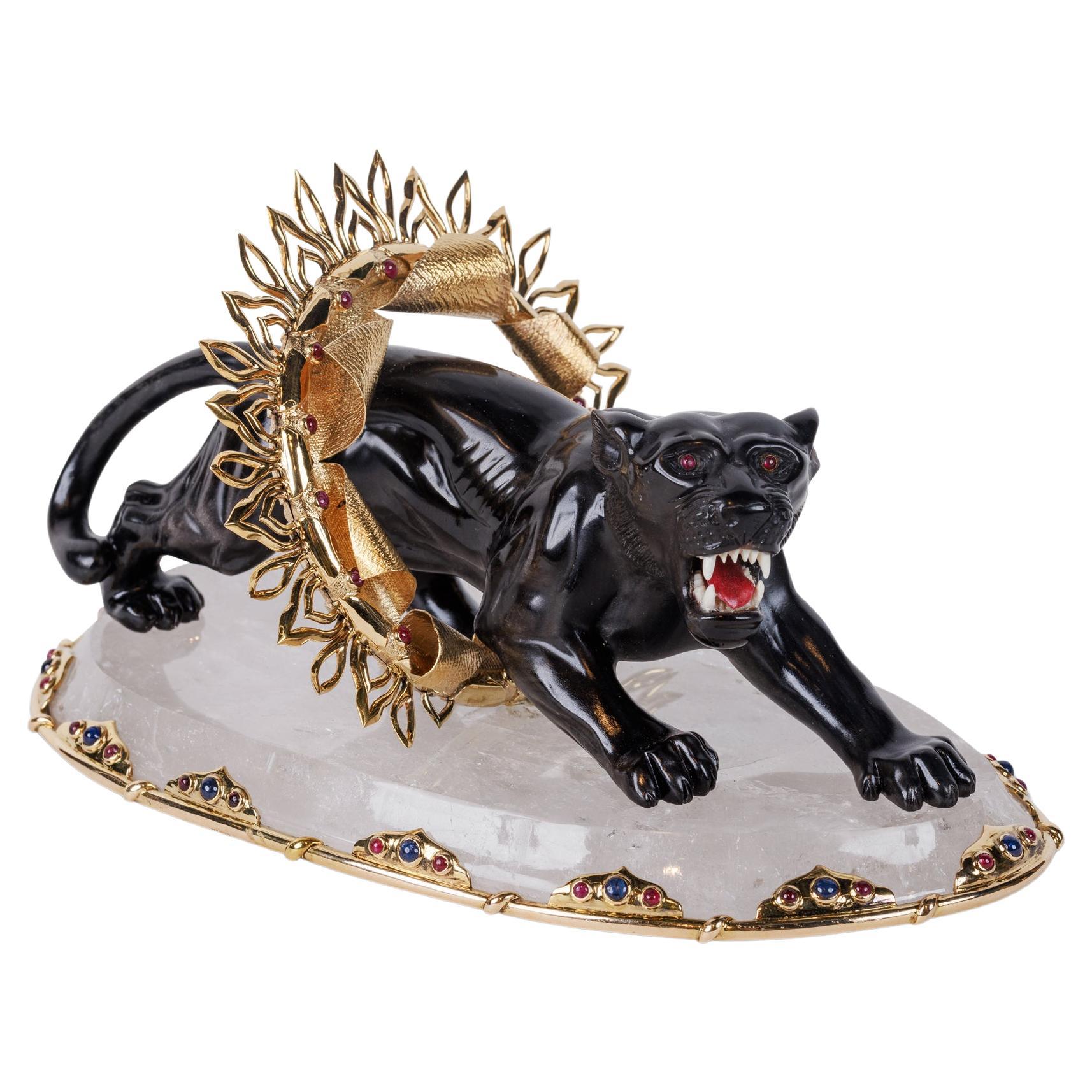 Alexandre Reza, Rare Obsidian, Silver-Gilt, and Rock Crystal Circus Panther For Sale