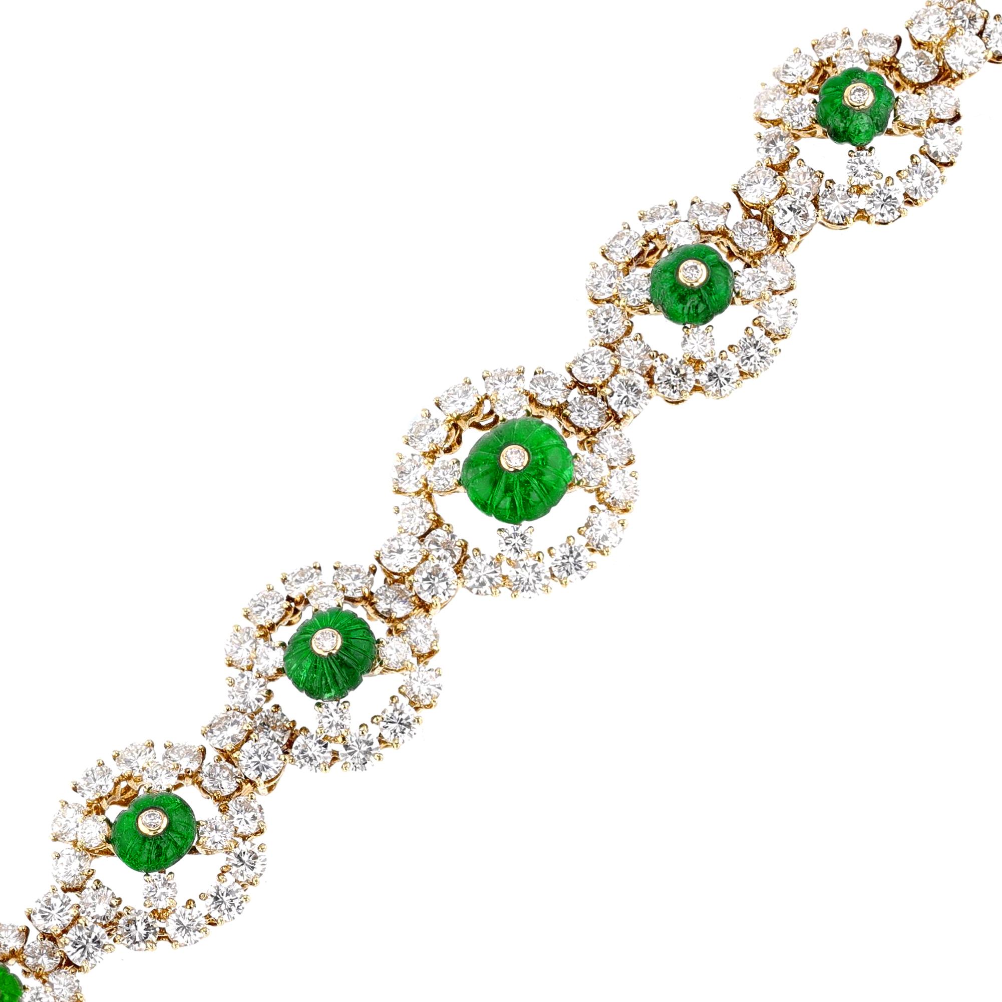 Mixed Cut Alexandre Reza Carved Emerald and Diamond Bracelet, 18k  For Sale