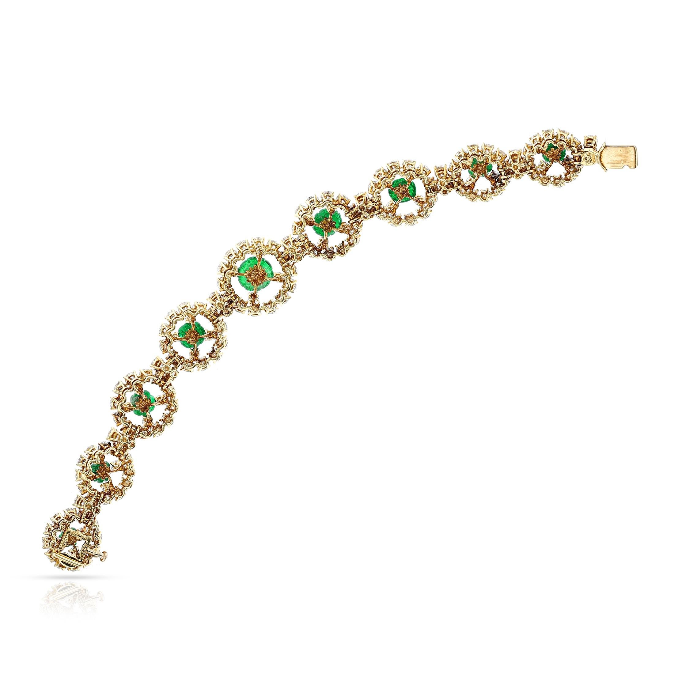 Alexandre Reza Carved Emerald and Diamond Bracelet, 18k  In Excellent Condition For Sale In New York, NY