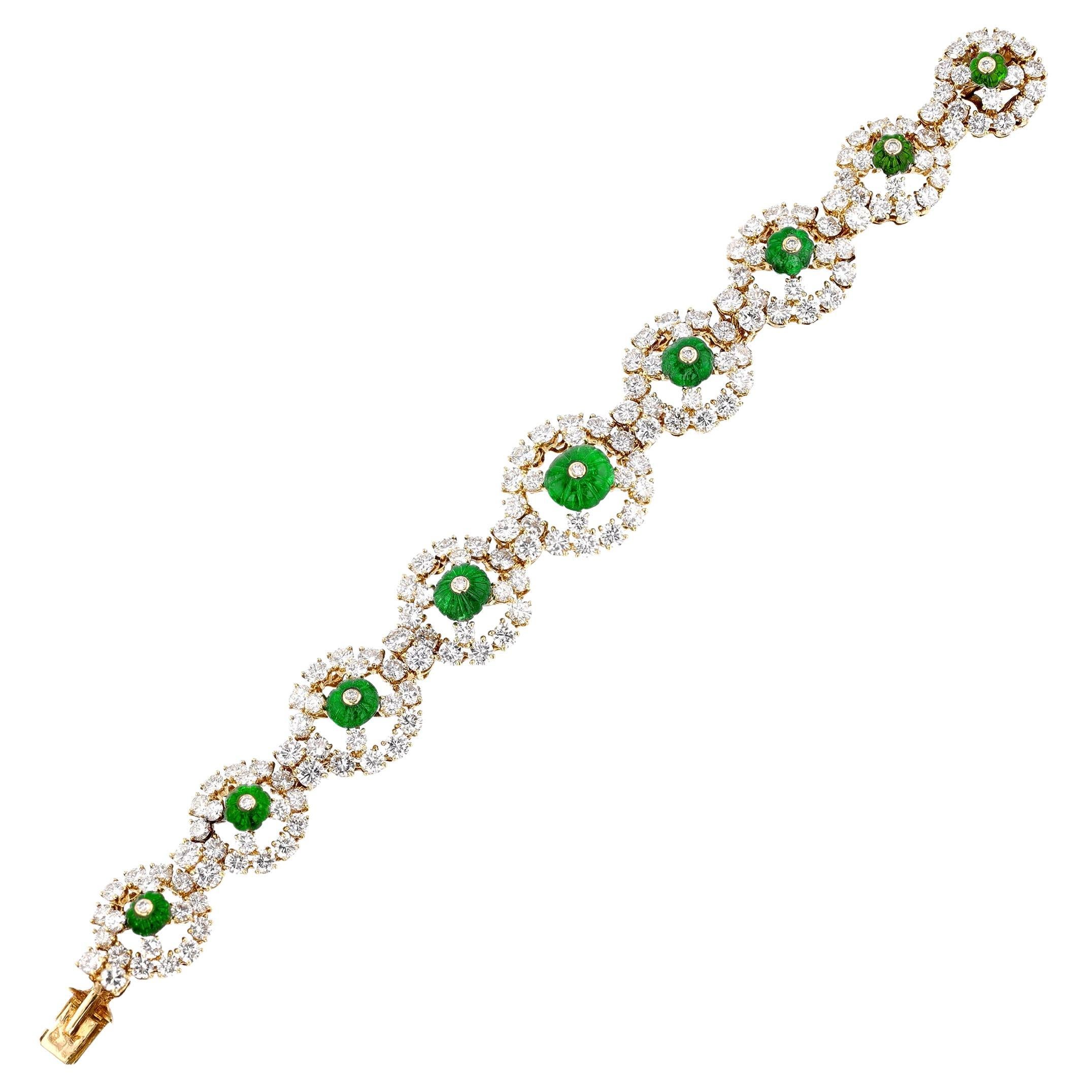Alexandre Reza Carved Emerald and Diamond Bracelet, 18k  For Sale