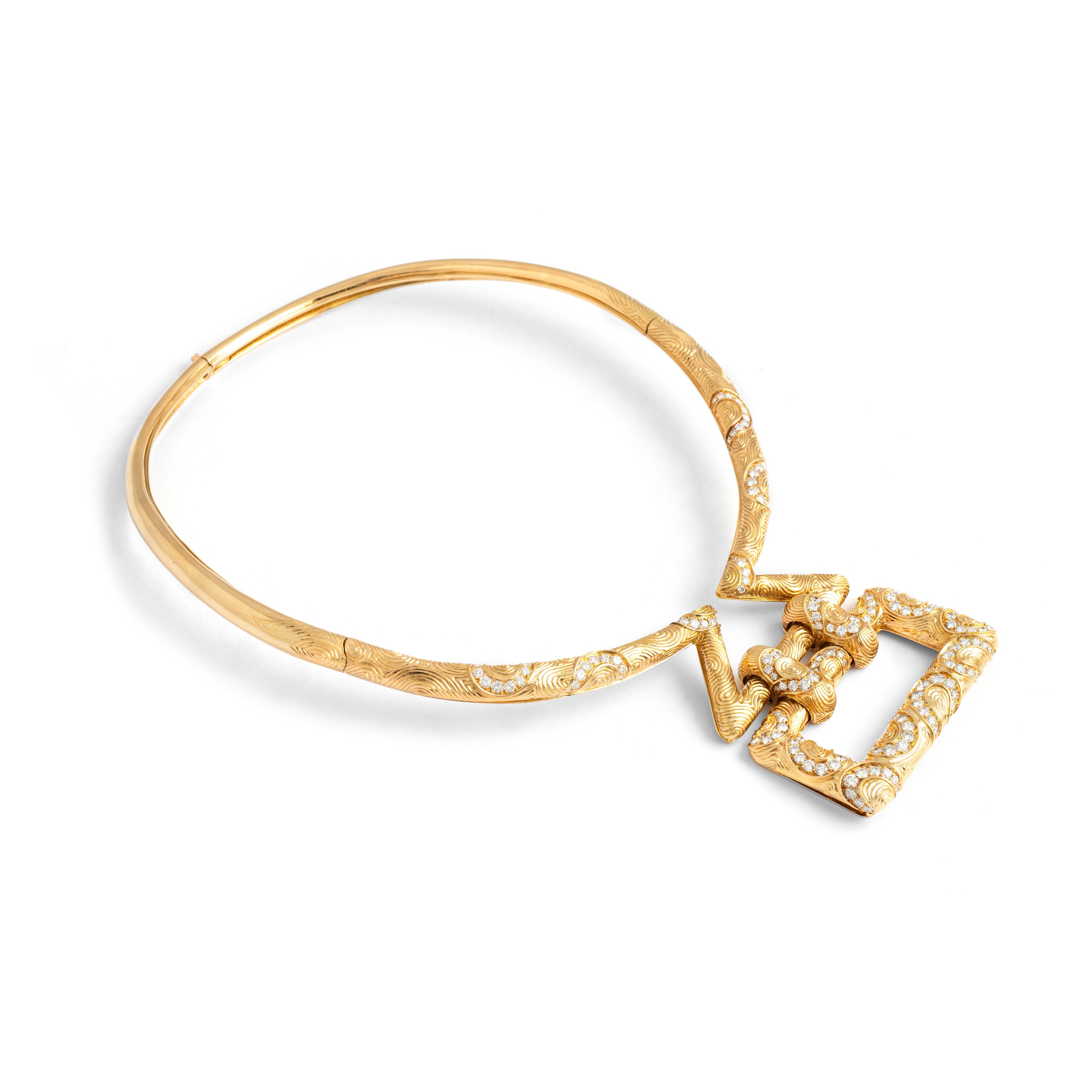 Alexandre Reza Diamond Yellow Gold 18K Demi Parure Set Earrings Necklace In Excellent Condition In Geneva, CH