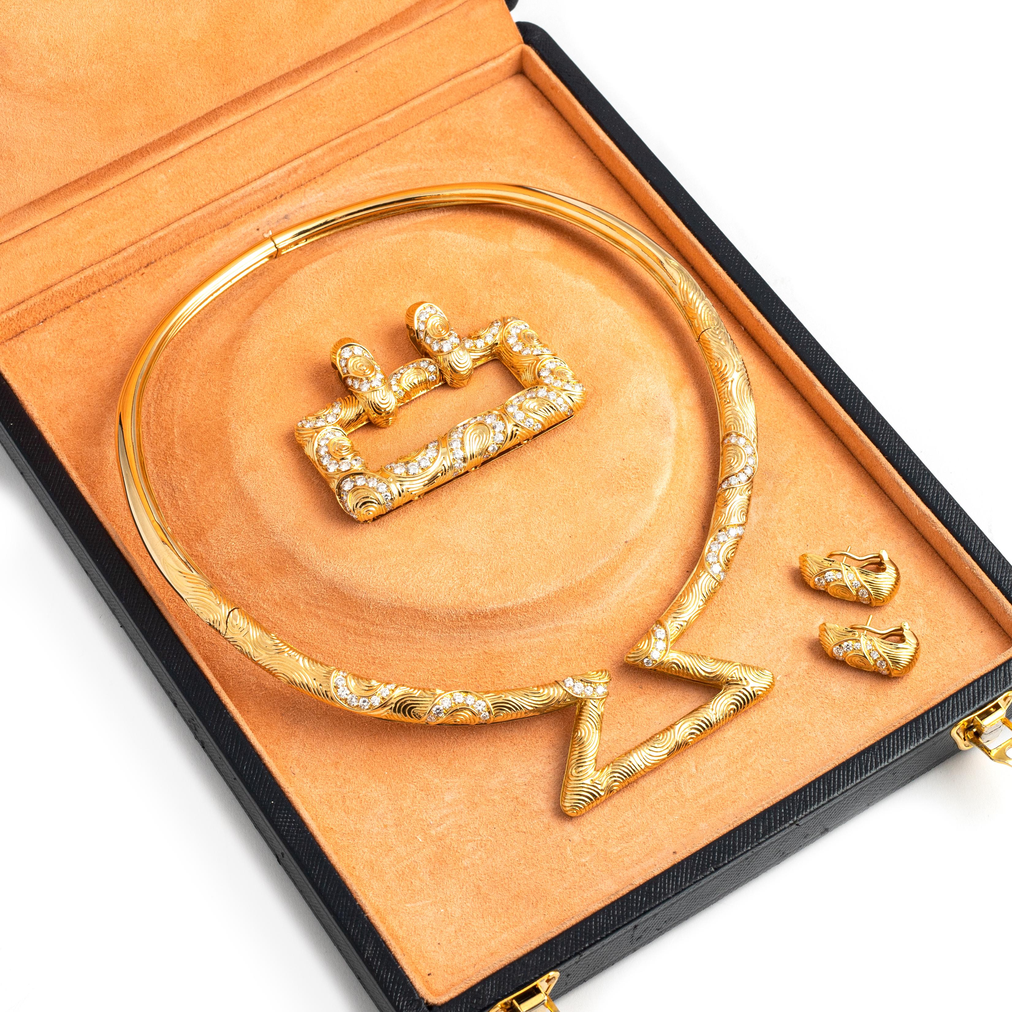 Alexandre Reza Diamond Yellow Gold 18K Demi Parure Set Earrings Necklace For Sale 1