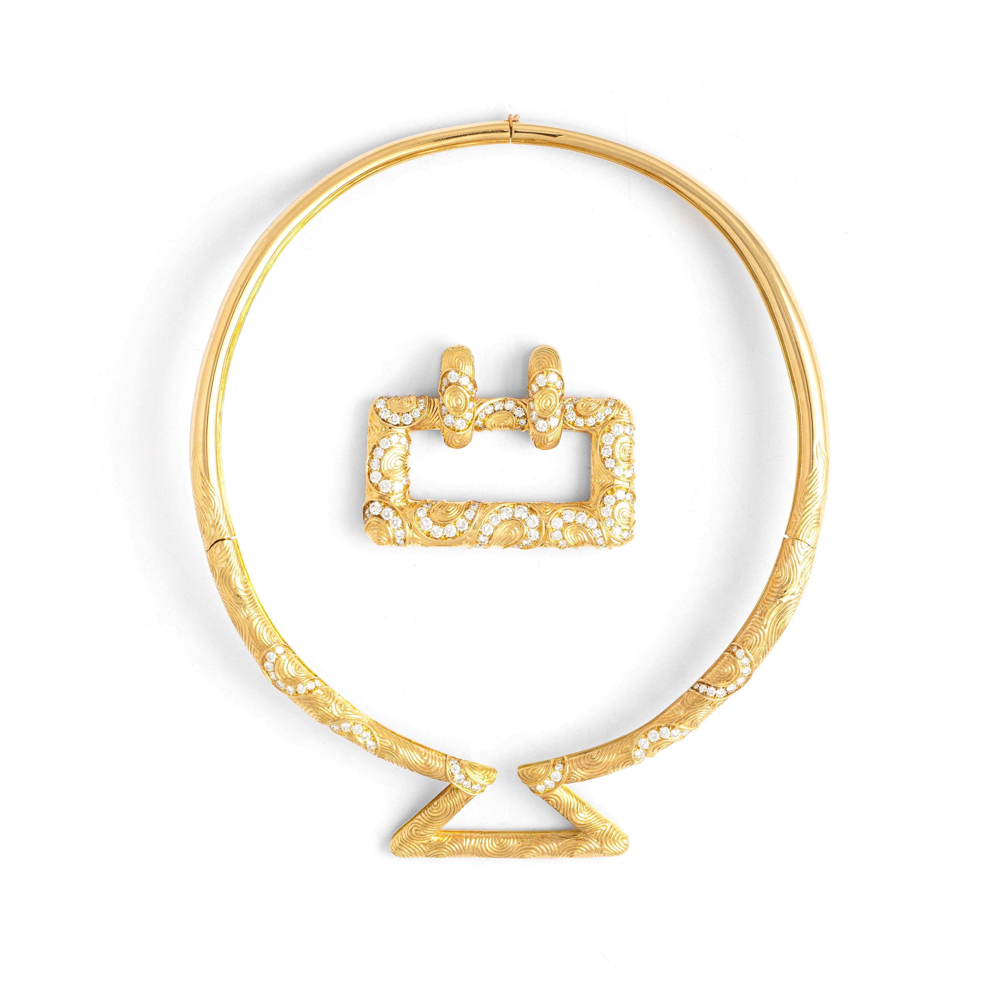Alexandre Reza Diamond Yellow Gold 18K Demi Parure Set Earrings Necklace For Sale 2
