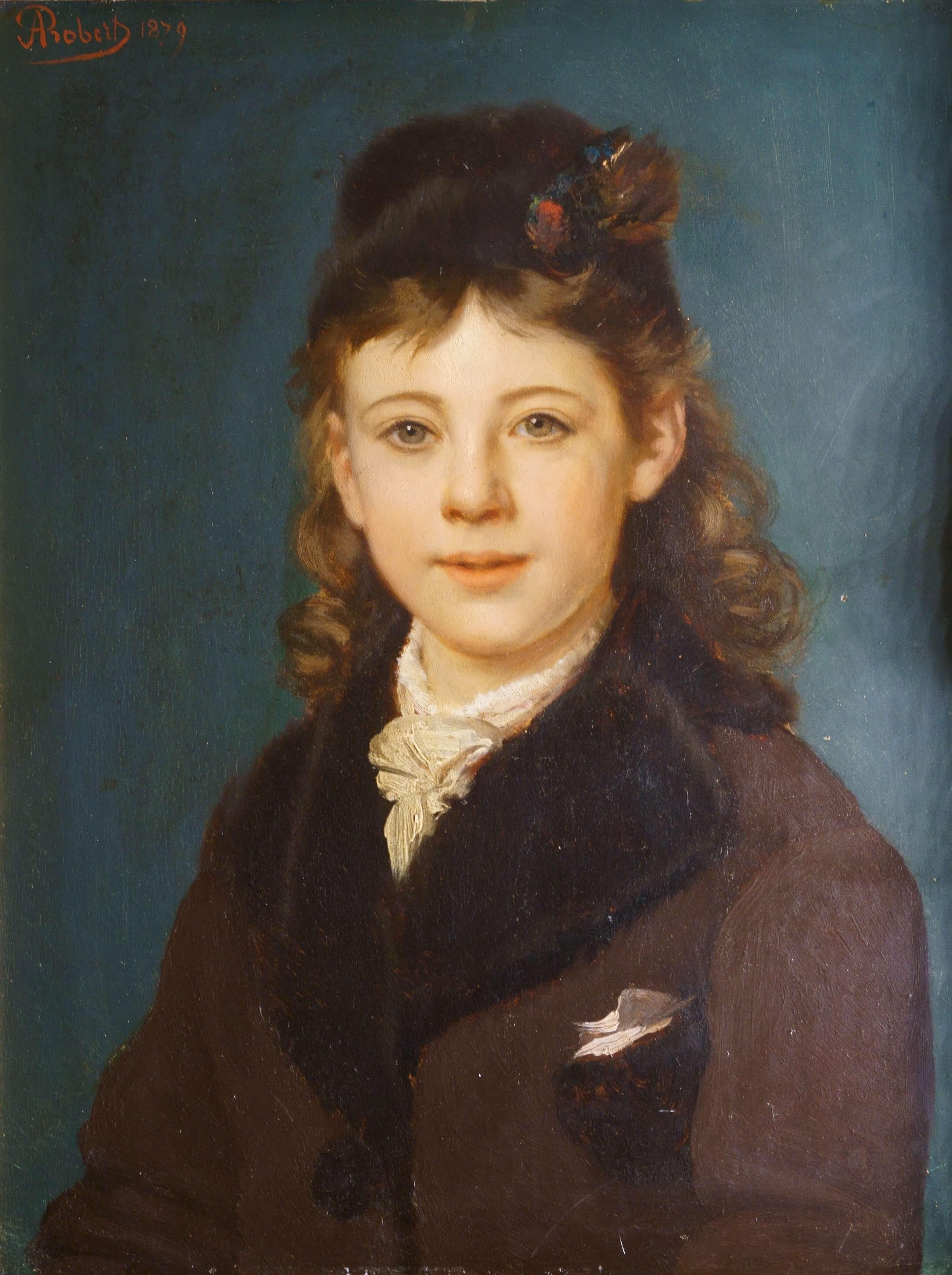 Porträt eines eleganten Mädchens in vergoldetem Rahmen aus der Zeit Napoleons III. signiert – Painting von Alexandre Robert