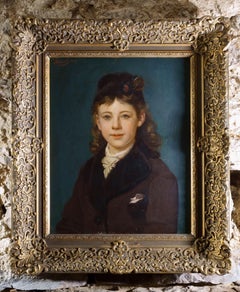 Portrait d'une jeune fille élégante dans un cadre doré Epoque Napoléon III Signé