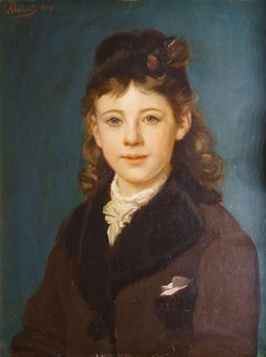 Portrait d'une jeune fille élégante dans un cadre doré Epoque Napoléon III Signé