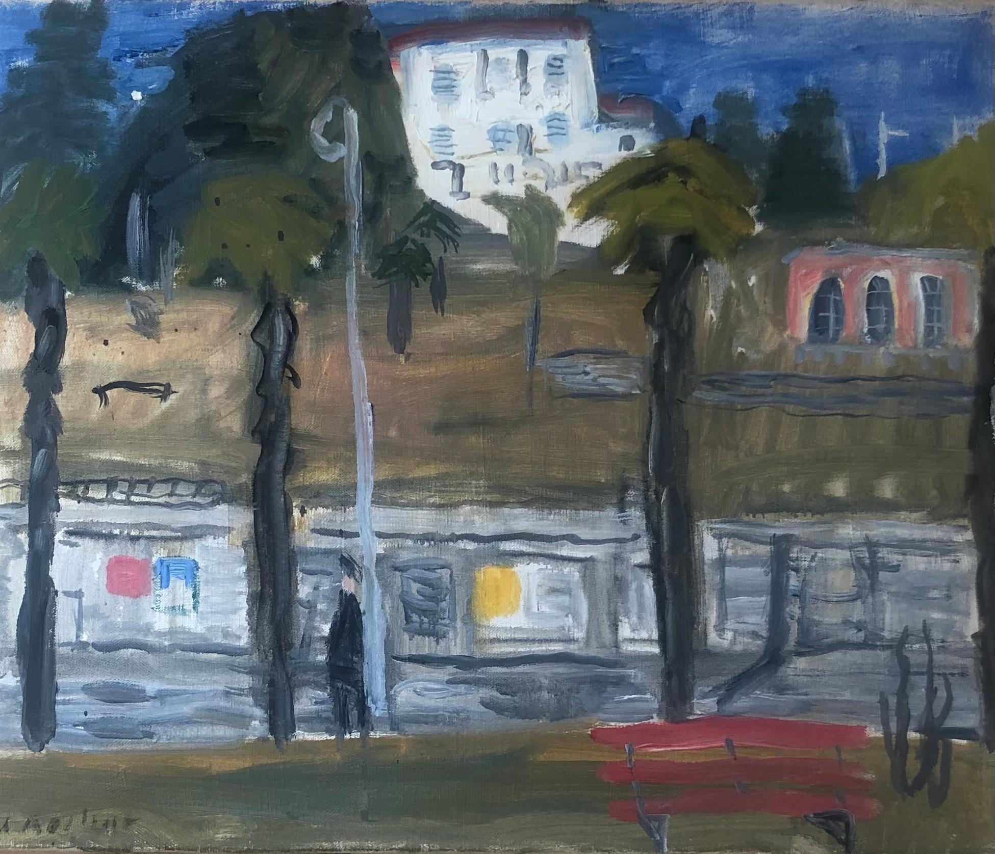 Landscape Painting di Alexandre Rochat - Panchina vicino all'acqua