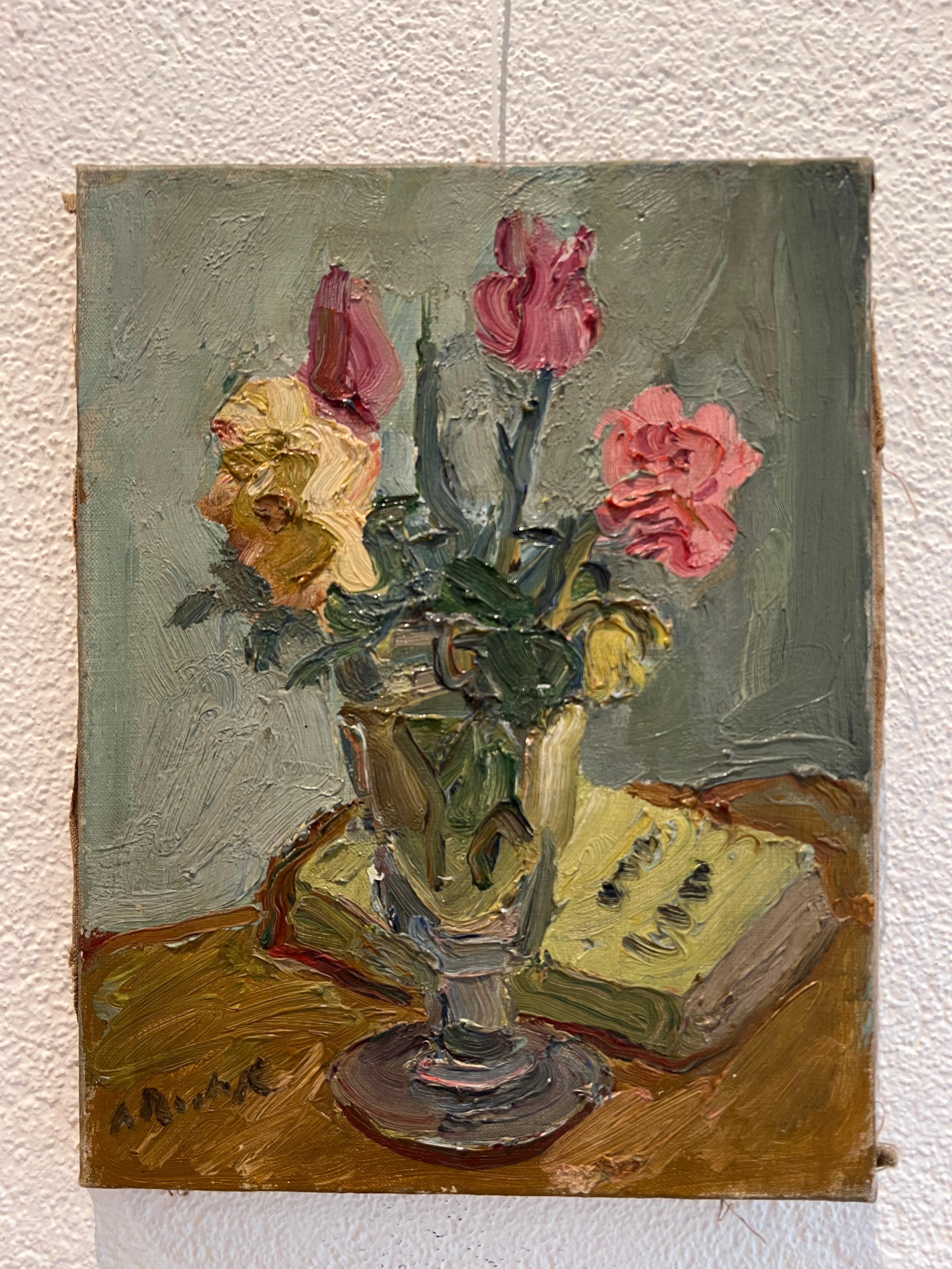 Blumenstrauß und Buch – Painting von Alexandre Rochat