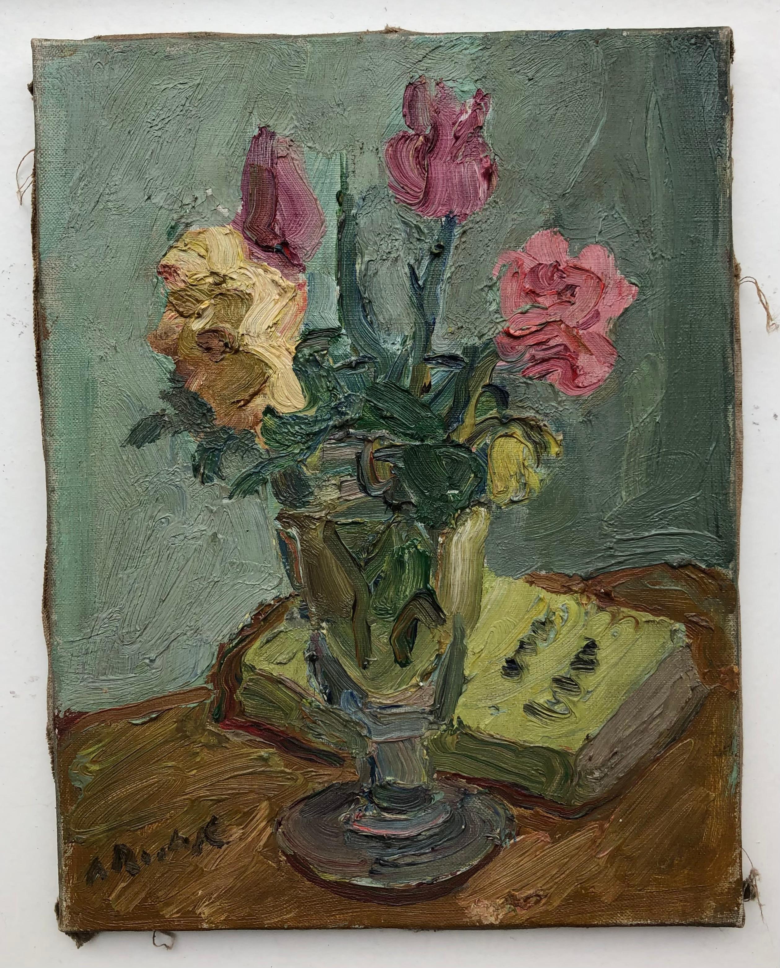 Bouquet of flowers and glass vase - Painting by Alexandre Rochat