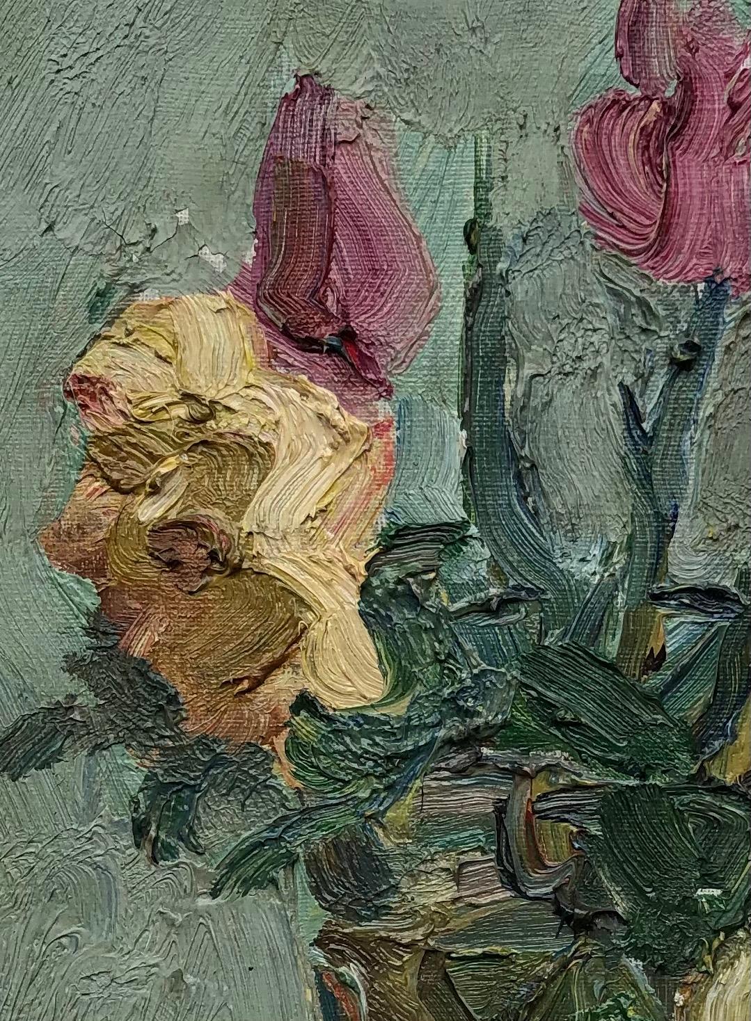 Bouquet de fleurs et vase en verre - Gris Landscape Painting par Alexandre Rochat